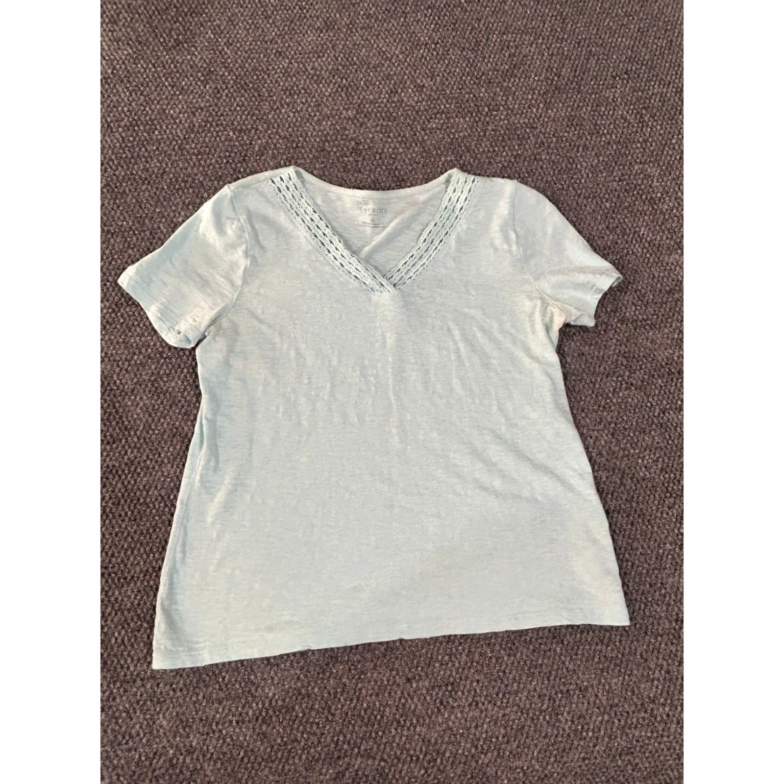 Talbots Talbots Top Womens M Light Blue Crochet Trim V-Neck Short Sleeve Blouse Casual Cotton Modal Blue Regular Stretch Size M / US 6-8 / IT 42-44 - 2 Thumbnail