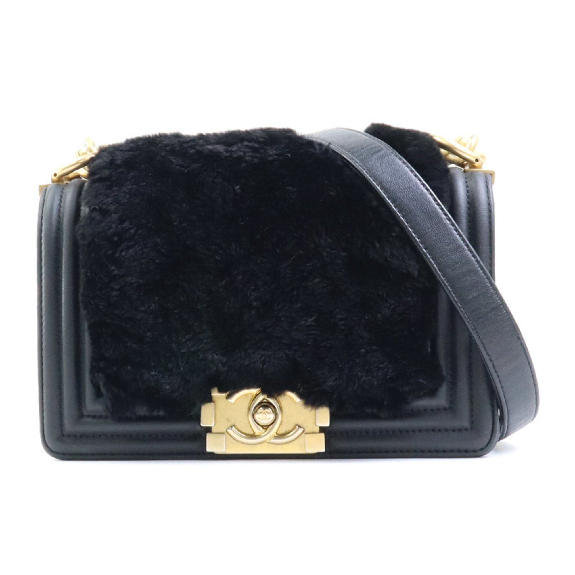 image of Chanel Shoulder Bag Crossbody Boy Chanel Fur/leather/metal Black/gold Ladies, Women's