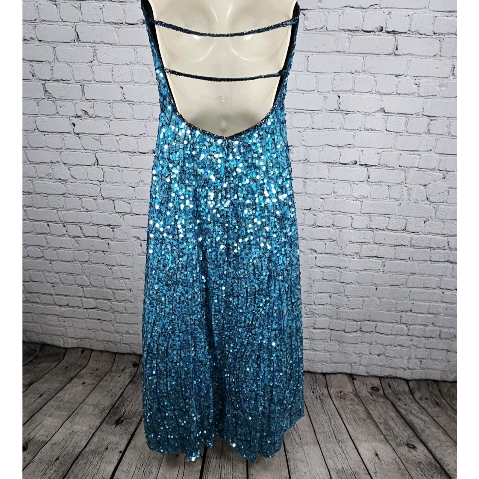 VINTAGE Precious Formals Blue 100% Silk Sequin Beaded Strapless Maxi Dress Small S Women Dress