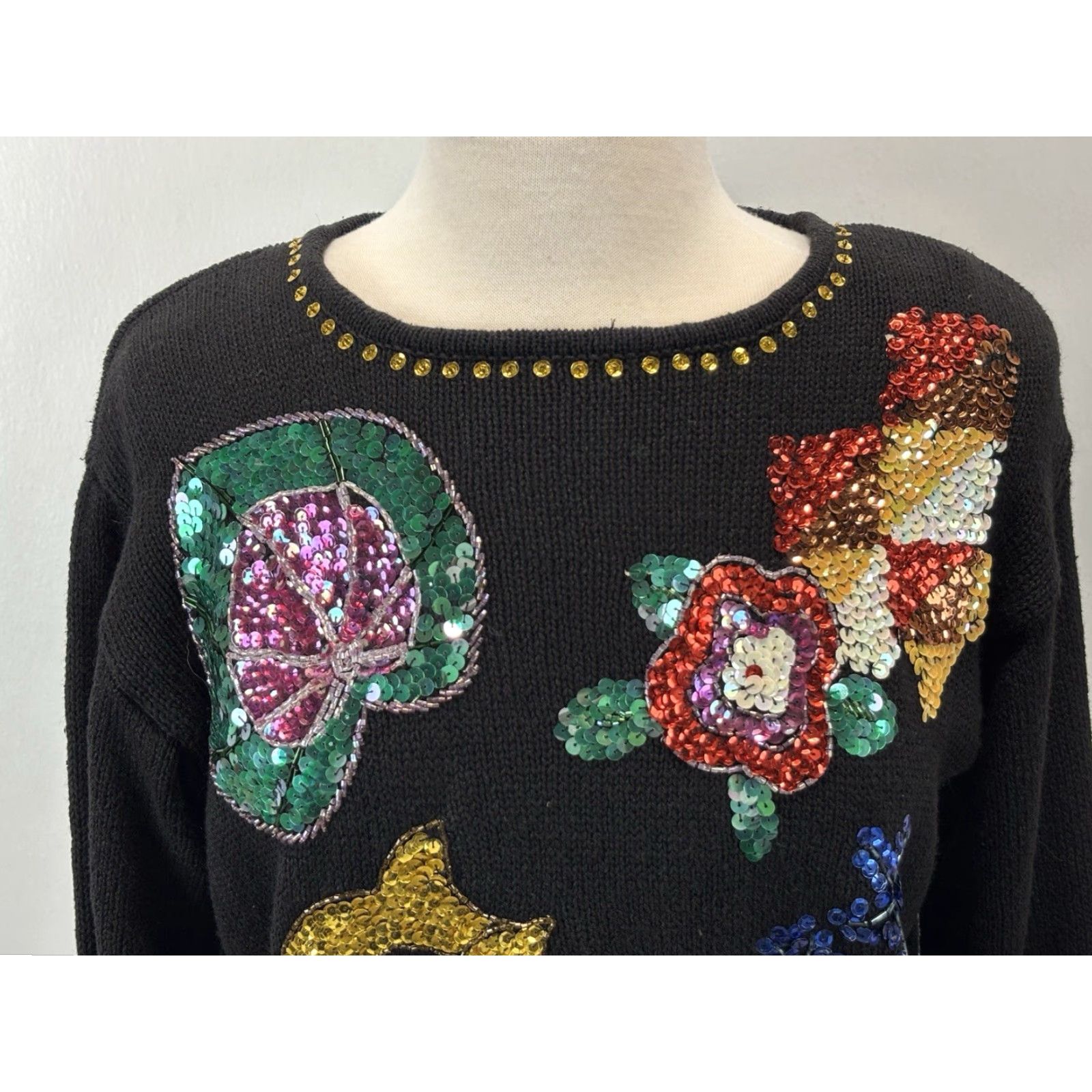 Vintage VINTAGE Work In Progress Sweater Shirt Women’s M Black Sequin 90s Floral Knit Ramie Blend Size M / US 6-8 / IT 42-44 - 5 Thumbnail