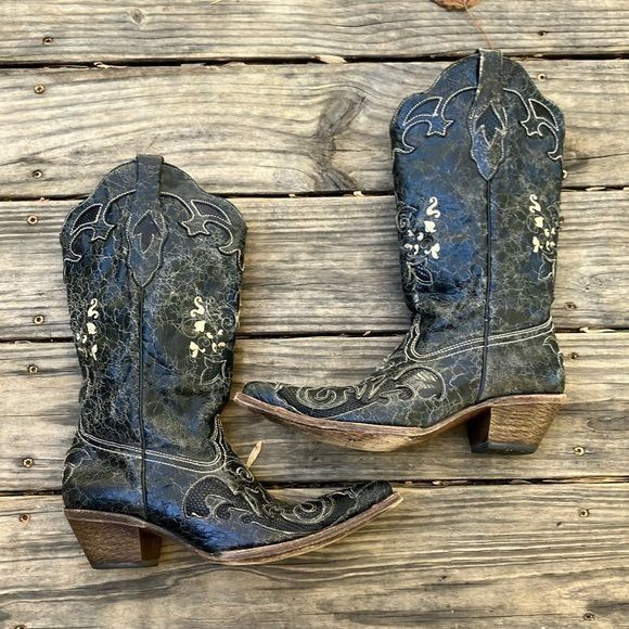 Corral Corral Vintage Black Goat Leather Snake Western Cowboy Cowgi Size US 9 / IT 39 - 2 Thumbnail
