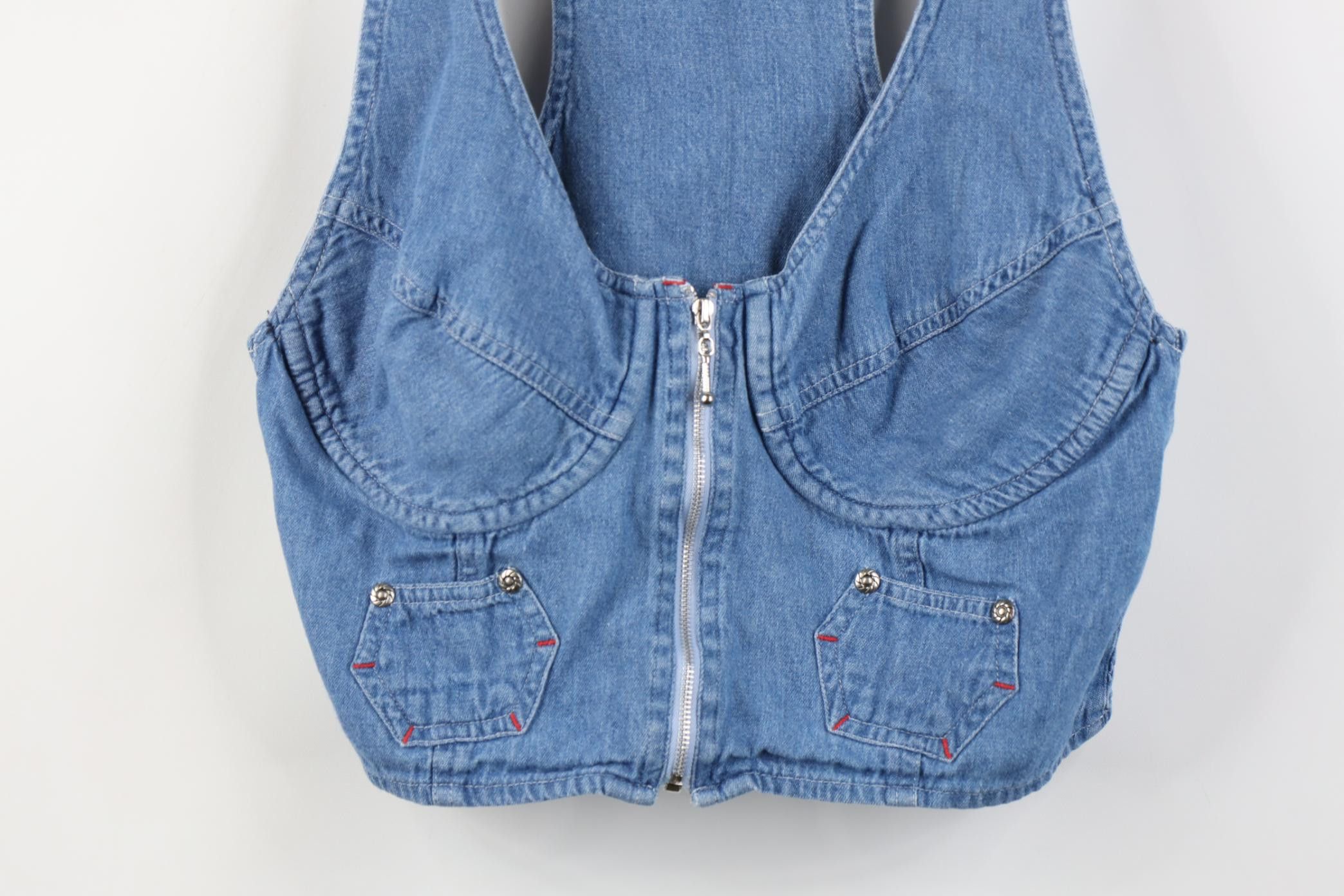 Vintage Vintage 90s Y2K Babydoll Front Zip Denim Jean Bra Shirt Blue Size L / US 10 / IT 46 - 3 Thumbnail