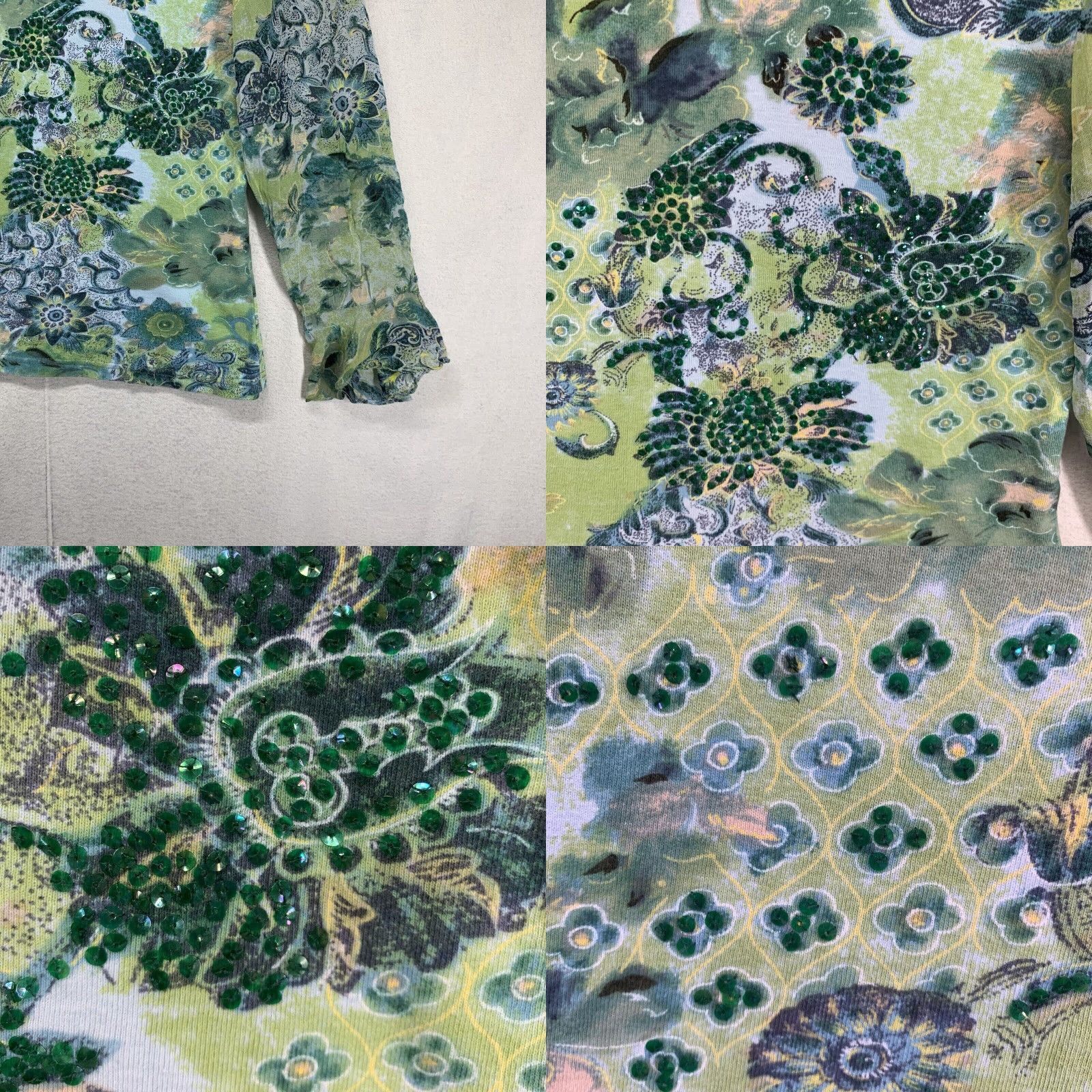Vintage VINTAGE Dressbarn Women's Crop Top Floral Green Size M Sheer Bell Sleeves Sequin Casual Size M / US 6-8 / IT 42-44 - 8 Thumbnail