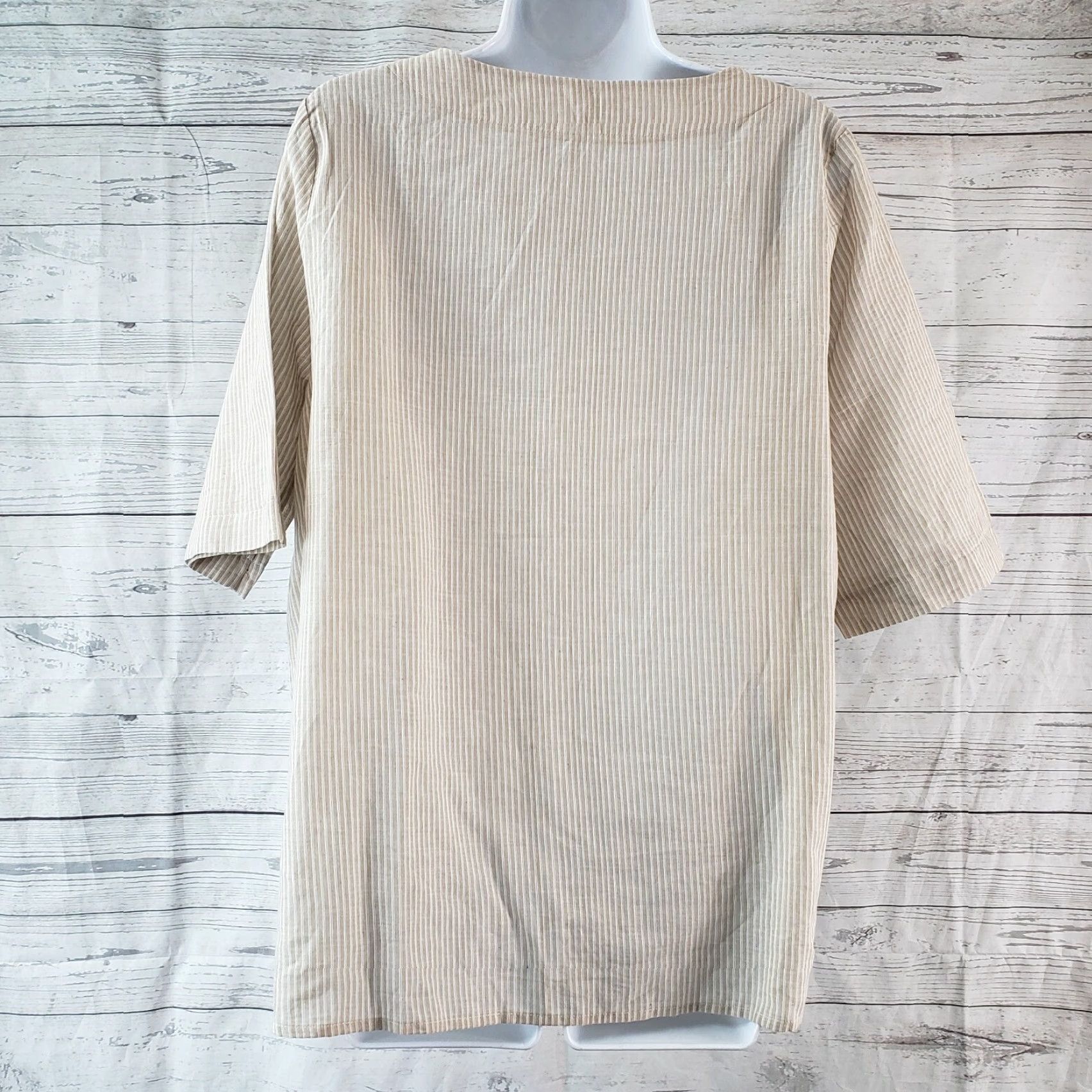 Vintage Pleione Womens Blouse Sz M Tan Striped Front Tie Half Sleeves Rayon Shirt Casual Womens Medium Tan Striped Pleione Blouse Size M / US 6-8 / IT 42-44 - 3 Thumbnail