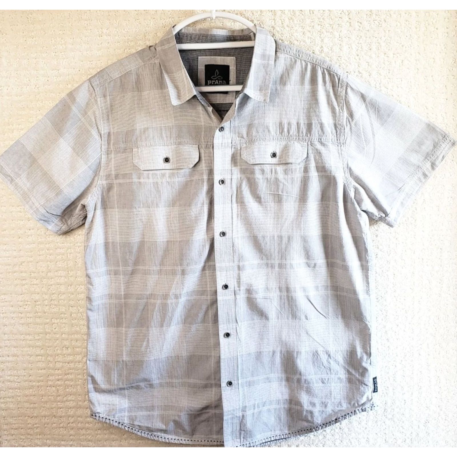 Prana Prana Mens L Short Sleeve Button-Up Shirt Gray White Plaid Logo Pockets Size US L / EU 52-54 / 3 - 2 Thumbnail