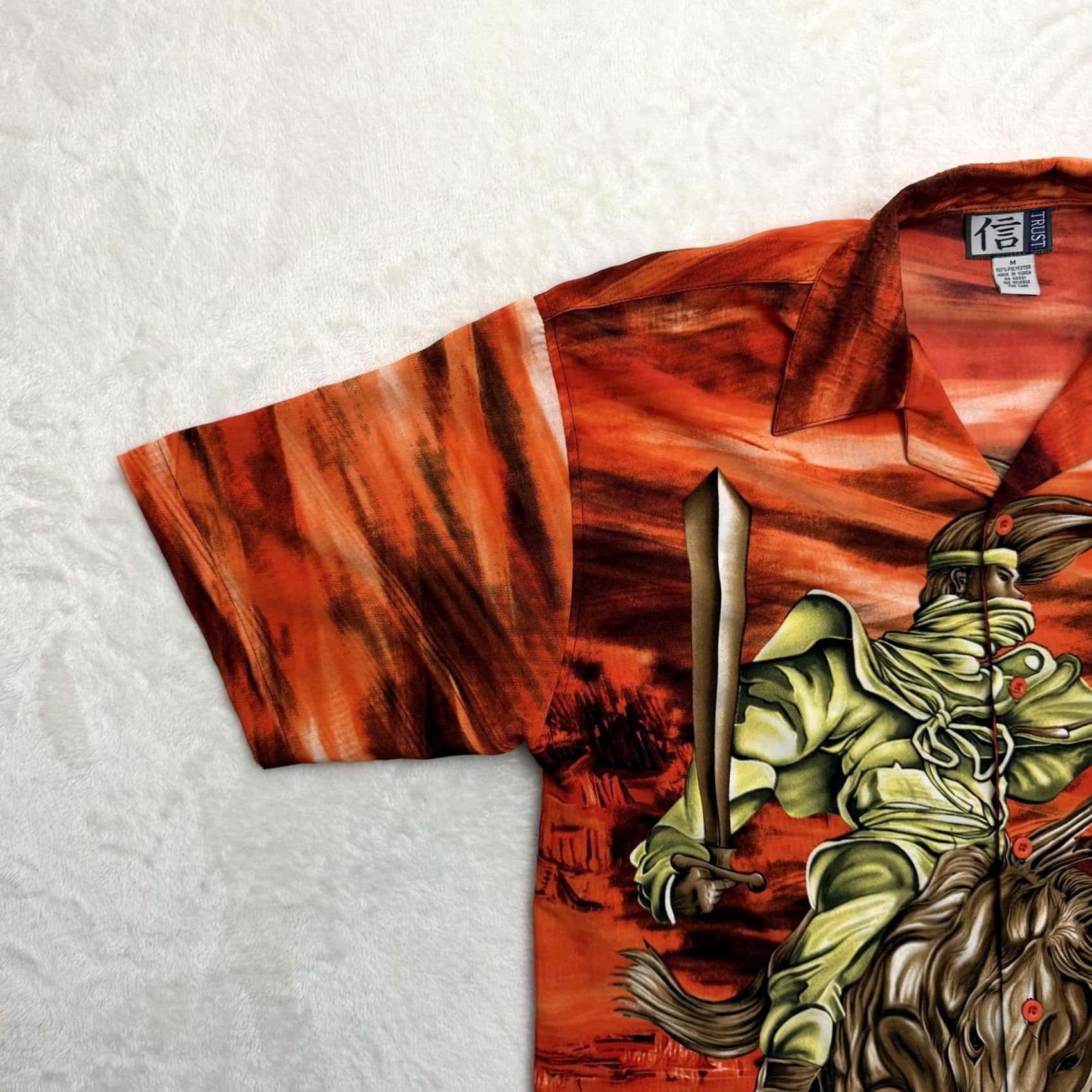 Vintage Trust Samurai Warrior Shirt Mens M Orange Hawaiian Button Up Graphic Print Short Sleeve Collared 90s Theme Casual Summer Size US M / EU 48-50 / 2 - 6 Thumbnail