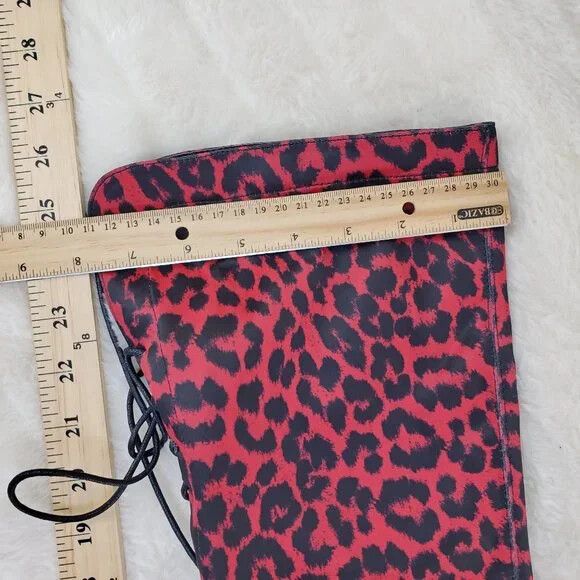 Other Fever Red Leopard Stretch Lace Up Back OTK Chunky Heel Boots Size US 7.5 / IT 37.5 - 4 Thumbnail