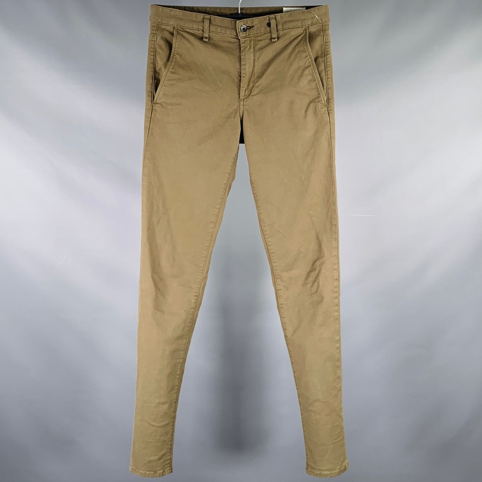Green Olive Twill Cotton Polyurethane Zip Fly Casual Pants
