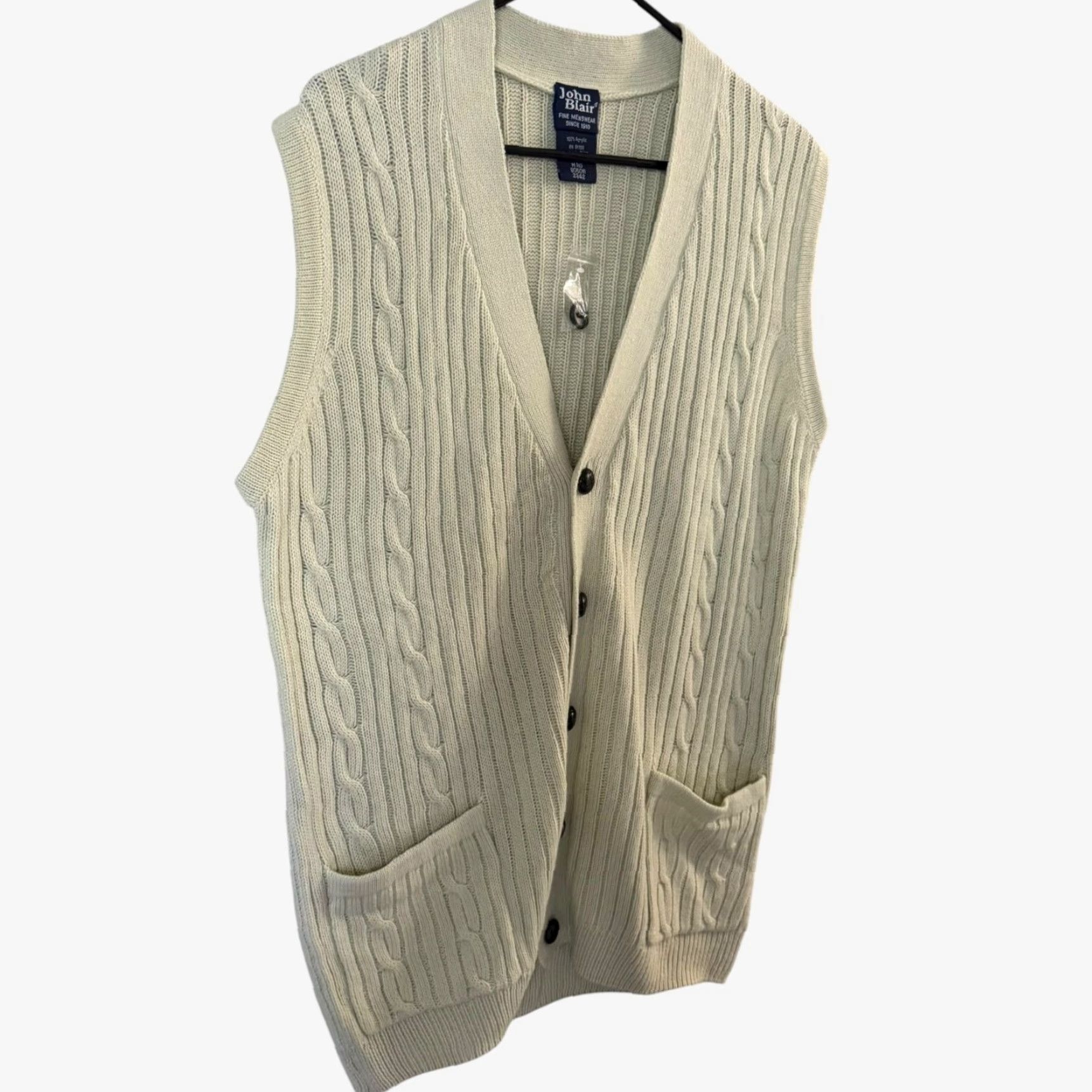 Blair VINTAGE John Blair Cable Knit Sweater Vest Button-Up V-Neck Cream Men's Medium Size US M / EU 48-50 / 2 - 3 Thumbnail