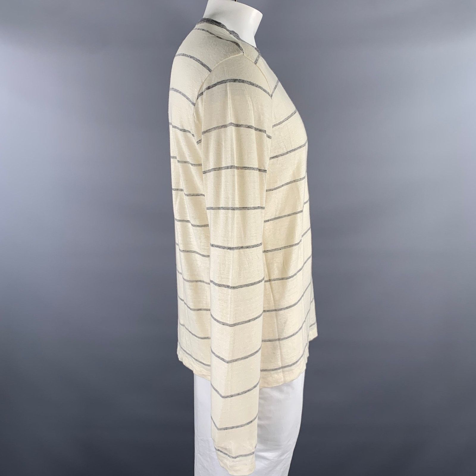 Officine Generale OFFICINE GENERALE Size L Cream Grey Stripe Linen Pullover Size US L / EU 52-54 / 3 - 2 Thumbnail
