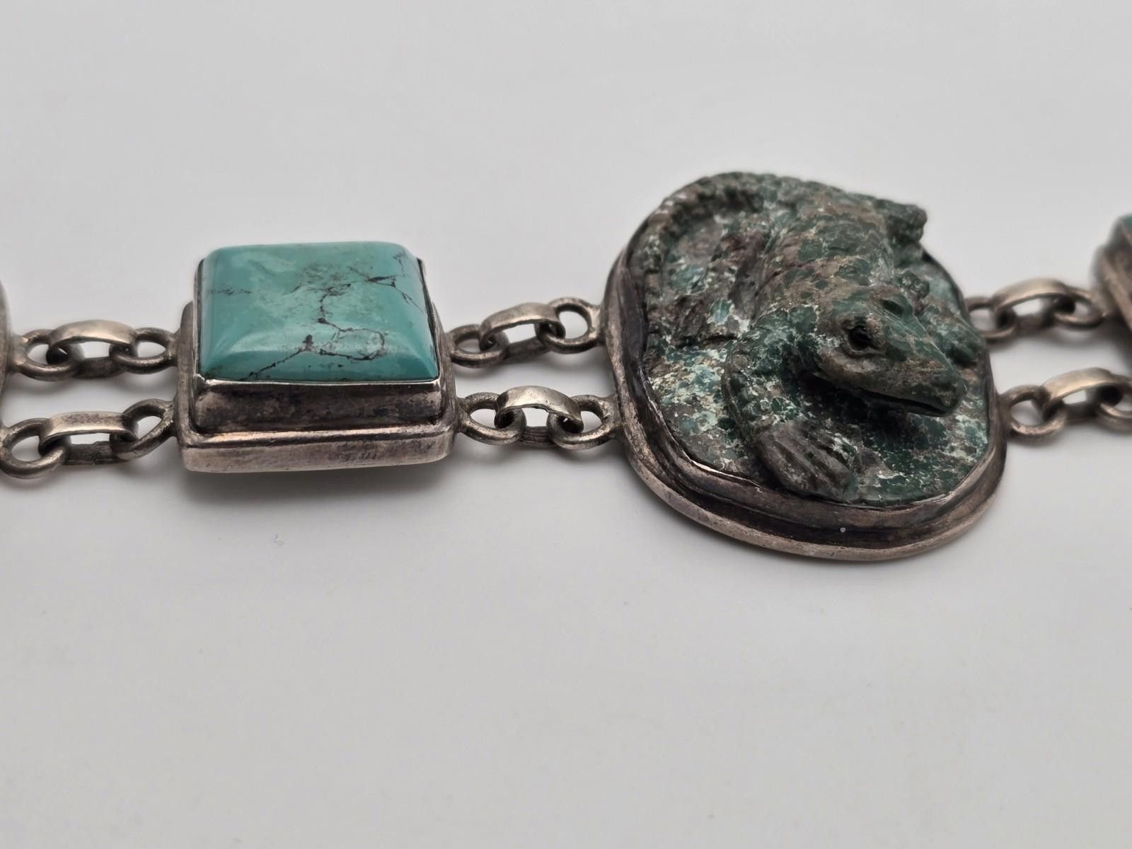 Sterling Silver Vintage Sterling Silver 925 Bracelet Carved Lizard Turquoise Size ONE SIZE - 3 Thumbnail