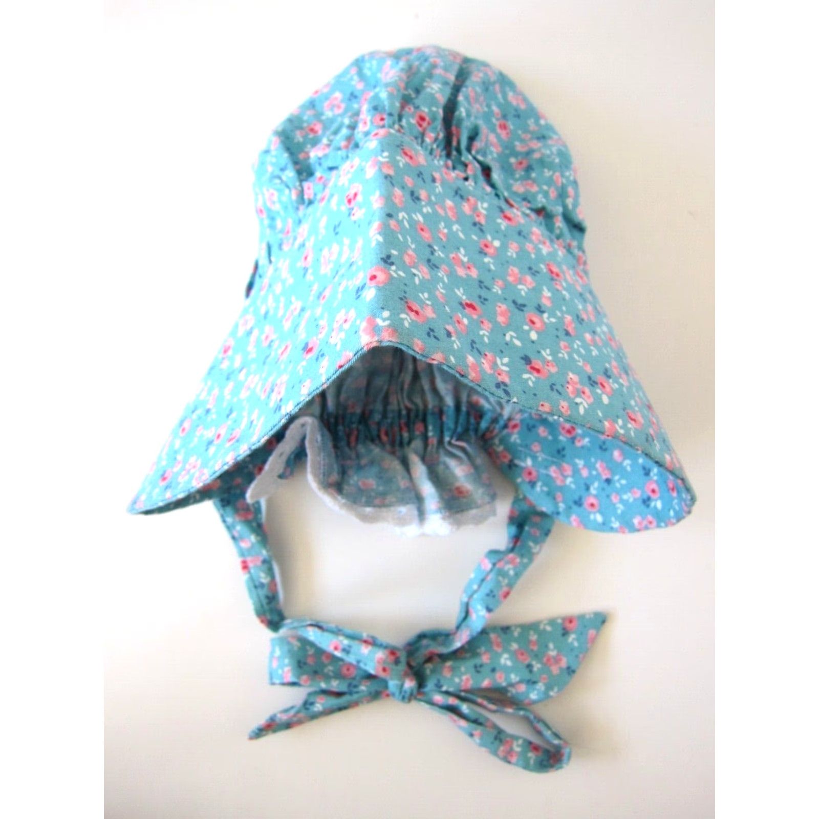 Vintage Vintage Handmade Pink Blue Cotton Floral Rose Hat Hood Cap Chapeau Bonnet S-M Womens Size ONE SIZE - 3 Thumbnail