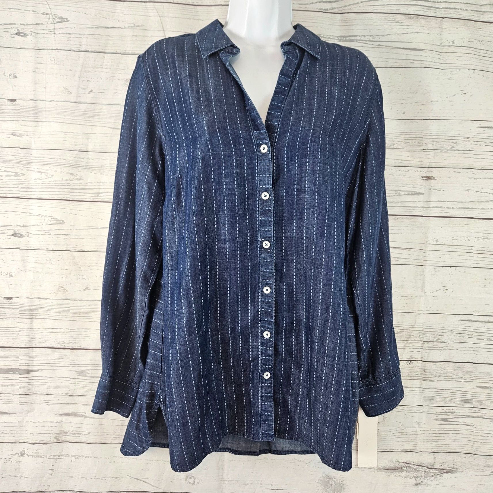 Vintage Foxcroft Womens Button-Up Top Sz 8 Blue Stripe Tencel Long Sleeve Shirt Womens Size M / US 6-8 / IT 42-44 - 2 Thumbnail
