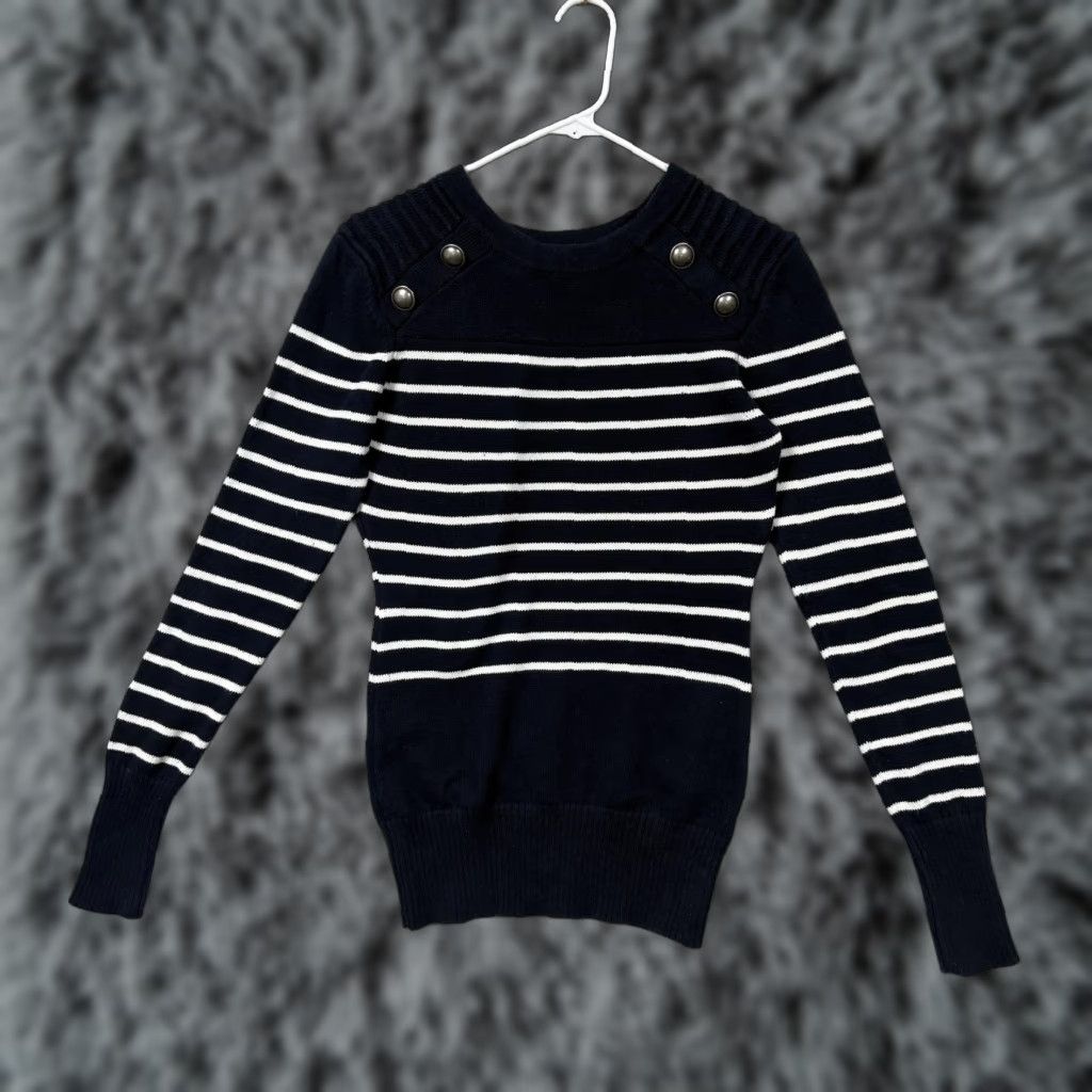 Nautica PattyBoutik Sweater Womens L Blue White Striped Button Shoulder Nautical Crew Neck Knit Slim Fit Knitwear Size L / US 10 / IT 46 - 1 Thumbnail