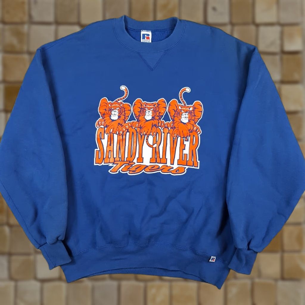Russell Athletic VINTAGE Russell Athletic Sandy River Tigers School Football XL Pullover Crewneck Sweatshirt Blue Mens Football 90s College Retro University Sweatshirt Size US XL / EU 56 / 4 - 1 Thumbnail