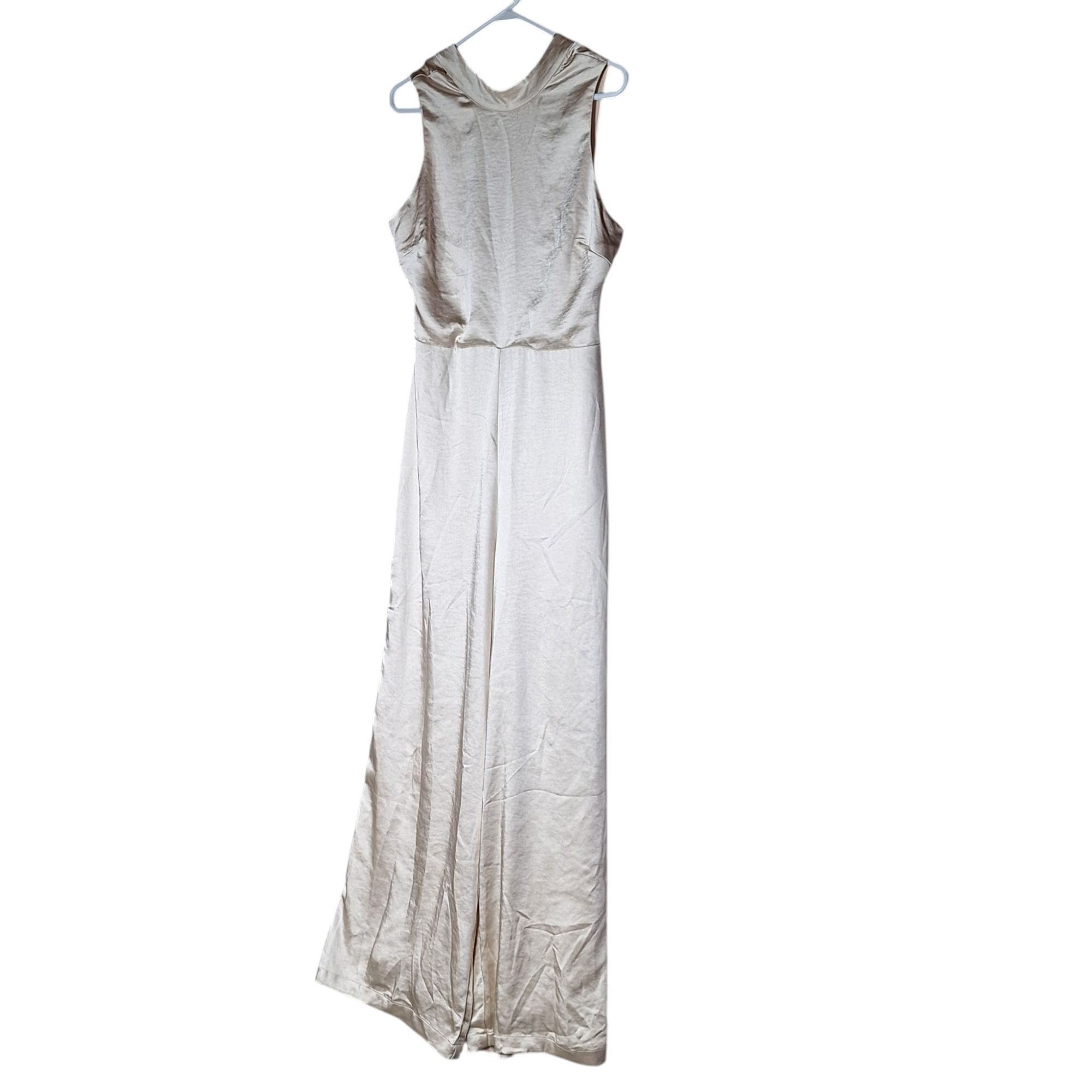 Lulus Lulus Champagne Satin Wide Leg Jumpsuit Size L Open Back Tie Size L / US 10 / IT 46 - 1 Thumbnail