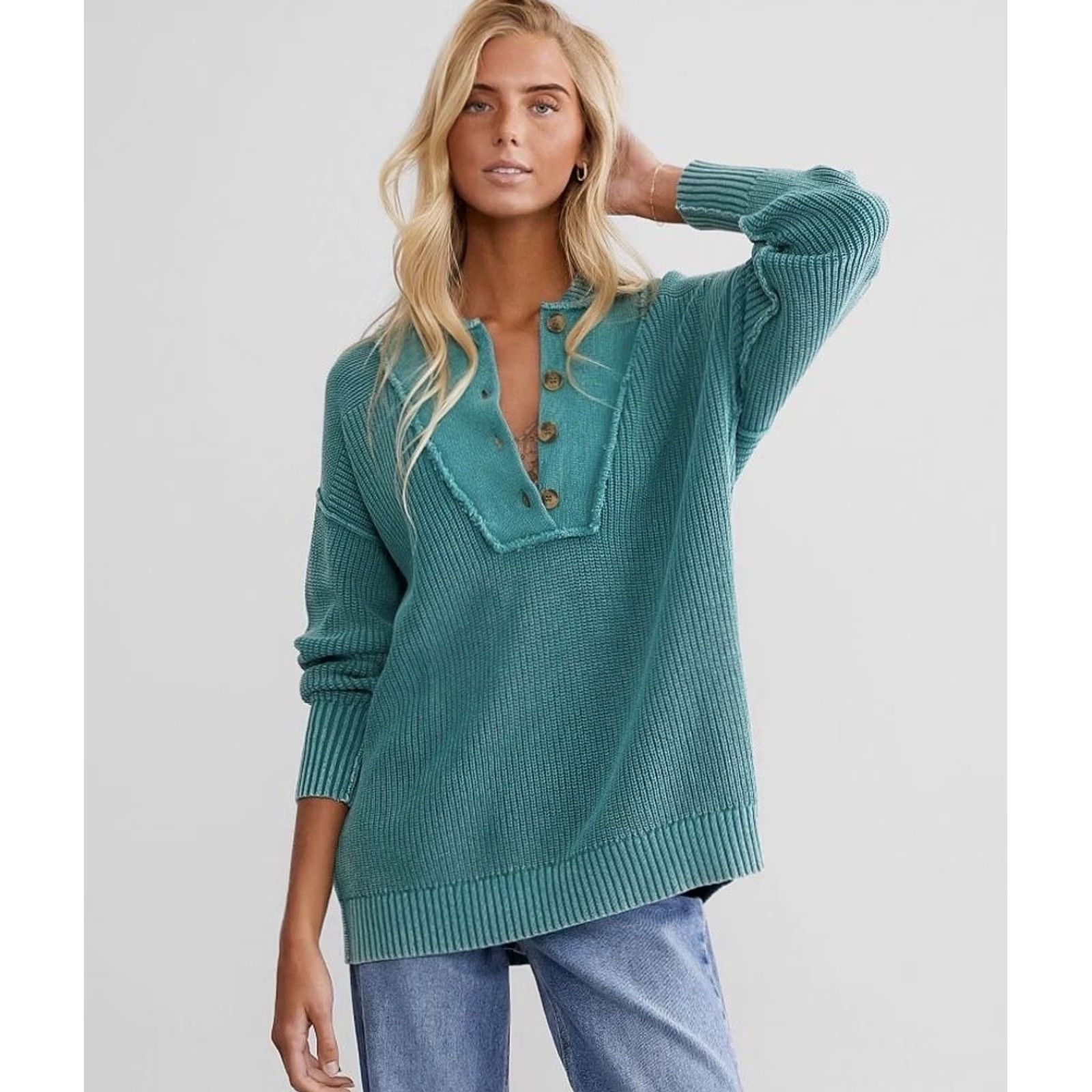 Vintage BKE Buckle North Sea Washed Ribbed Knit Oversized Henley Sweater S Women Gray Crew Neck Long Sleeve Frayed Trim Cotton Lightweight? Size S / US 4 / IT 40 - 2 Thumbnail