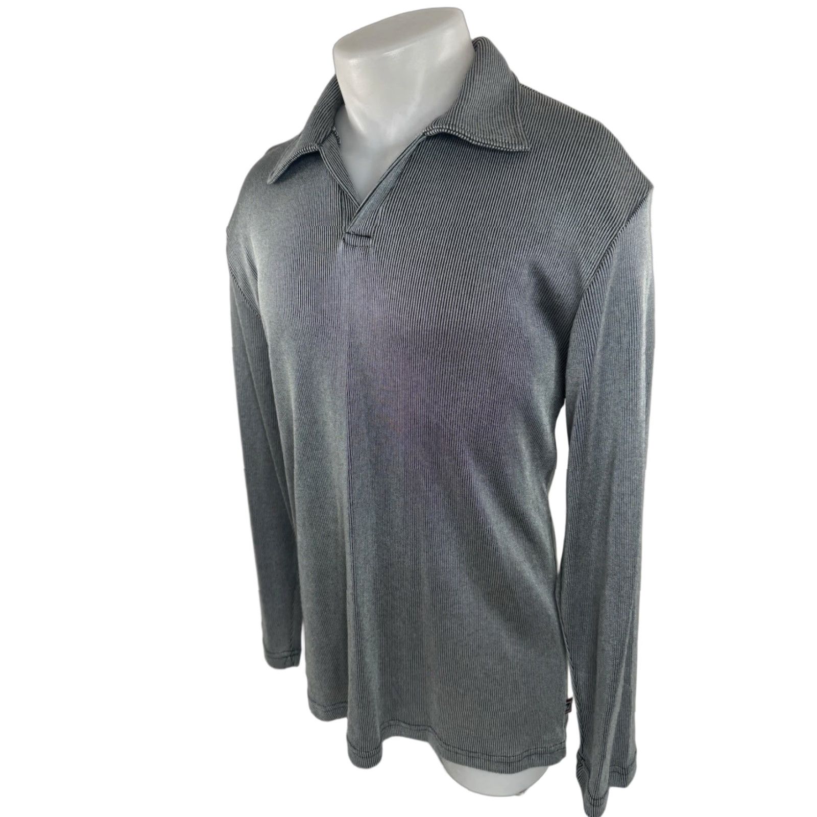 Vintage YMLA Clubbing Vintage Shiny Stretch Ribbed Fitted XL Shirt EXCELLENT Men Long Sleeve Button-Up Black / Silver 90sB10 Size US XL / EU 56 / 4 - 1 Thumbnail