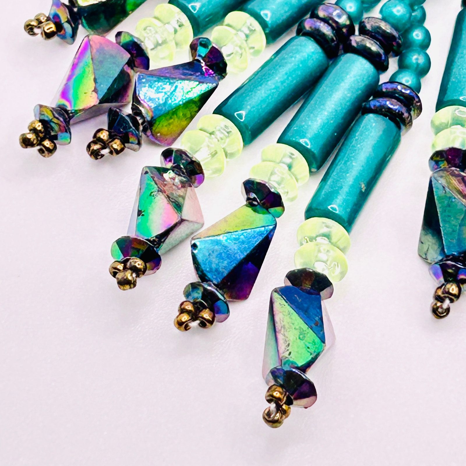 Handmade Vintage 80s Teal Turquoise Beaded Fringe Statement Earrings Size ONE SIZE - 4 Thumbnail