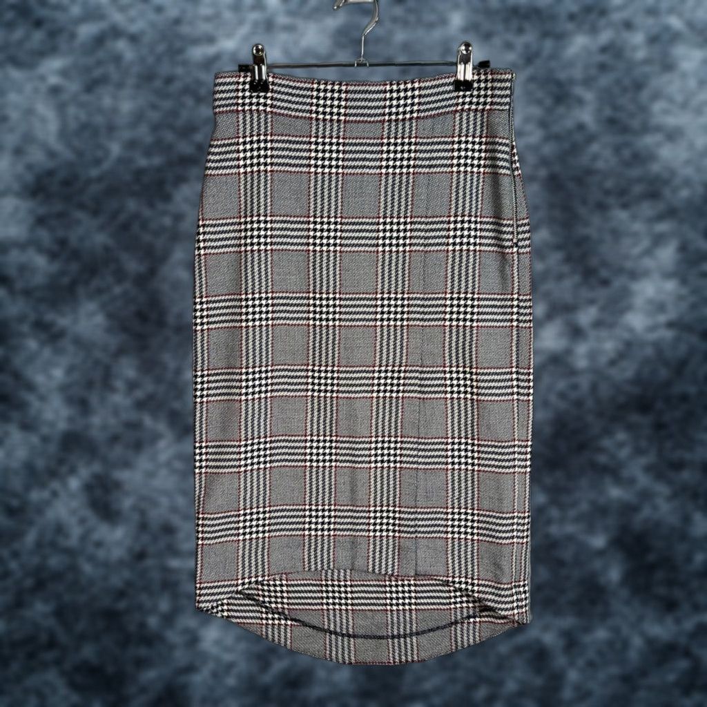 Zara Zara Woman Plaid Pencil Skirt XS Gray Red Houndstooth Check High Waist Stretch Midi Skirt Women XS Gray Valentino? Size 26" / US 2 / IT 38 - 1 Thumbnail