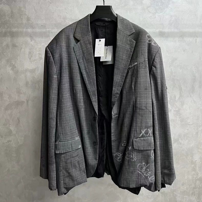 Balenciaga Gray Graffiti Print Single Button Suit Jacket-2506 Size US M / EU 48-50 / 2 - 1 Thumbnail