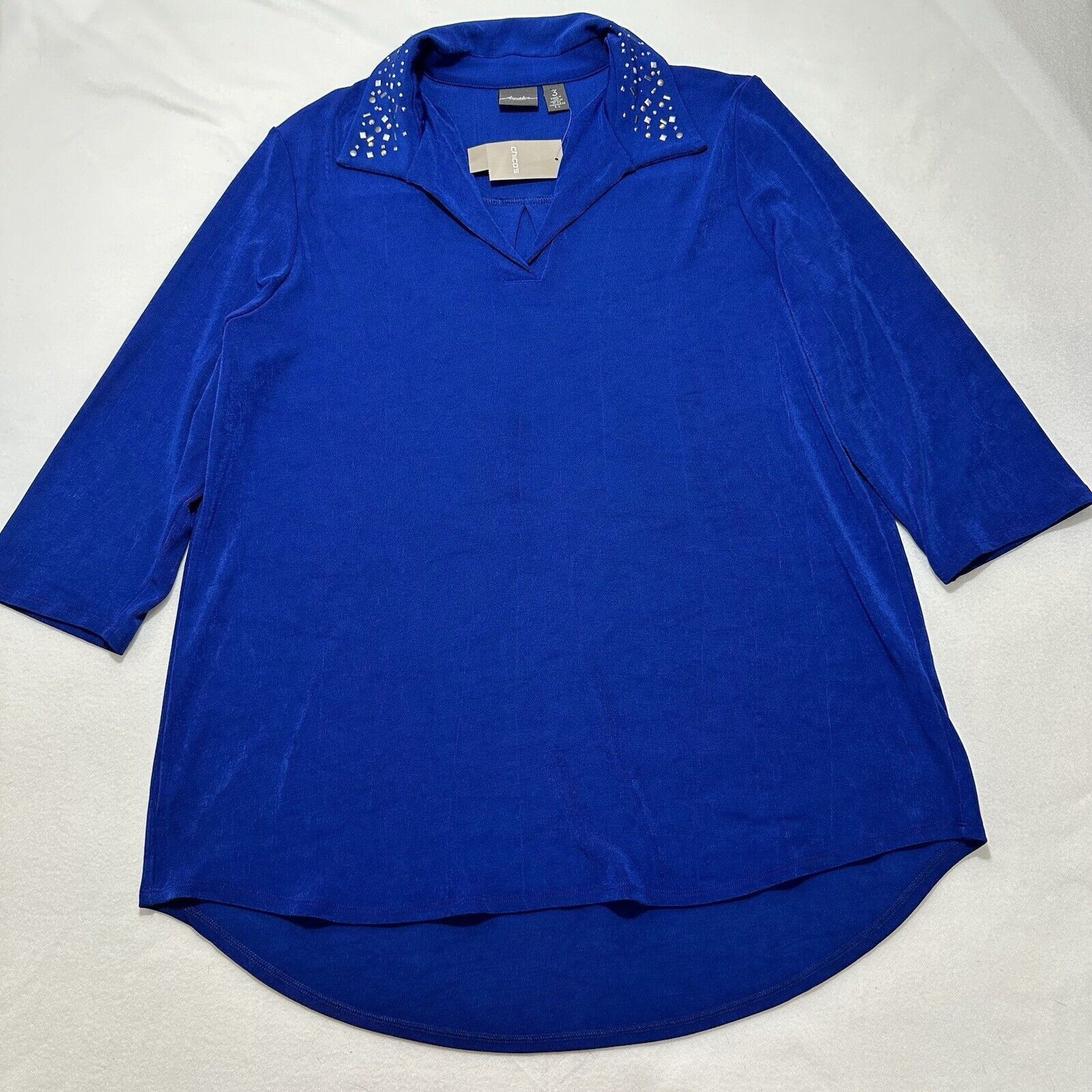 Chicos Chico's XL Blue Embellished Collar 3/4 Sleeve Blouse Acetate Size XL / US 12-14 / IT 48-50 - 1 Thumbnail