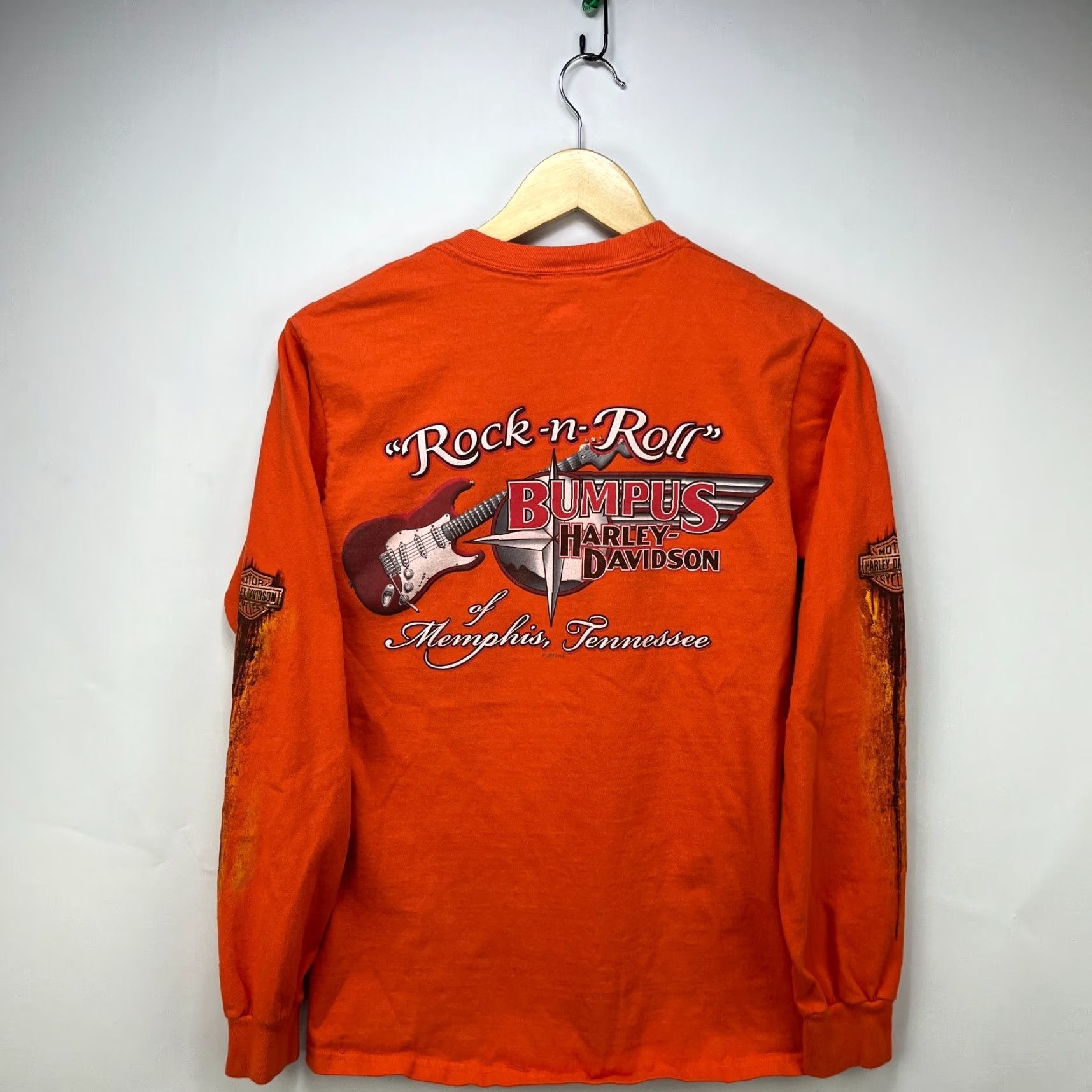 Harley Davidson VINTAGE Harley-Davidson Long Sleeve Shirt Mens S Orange 90s Memphis Tennessee Guitar Small Size US S / EU 44-46 / 1 - 4 Thumbnail