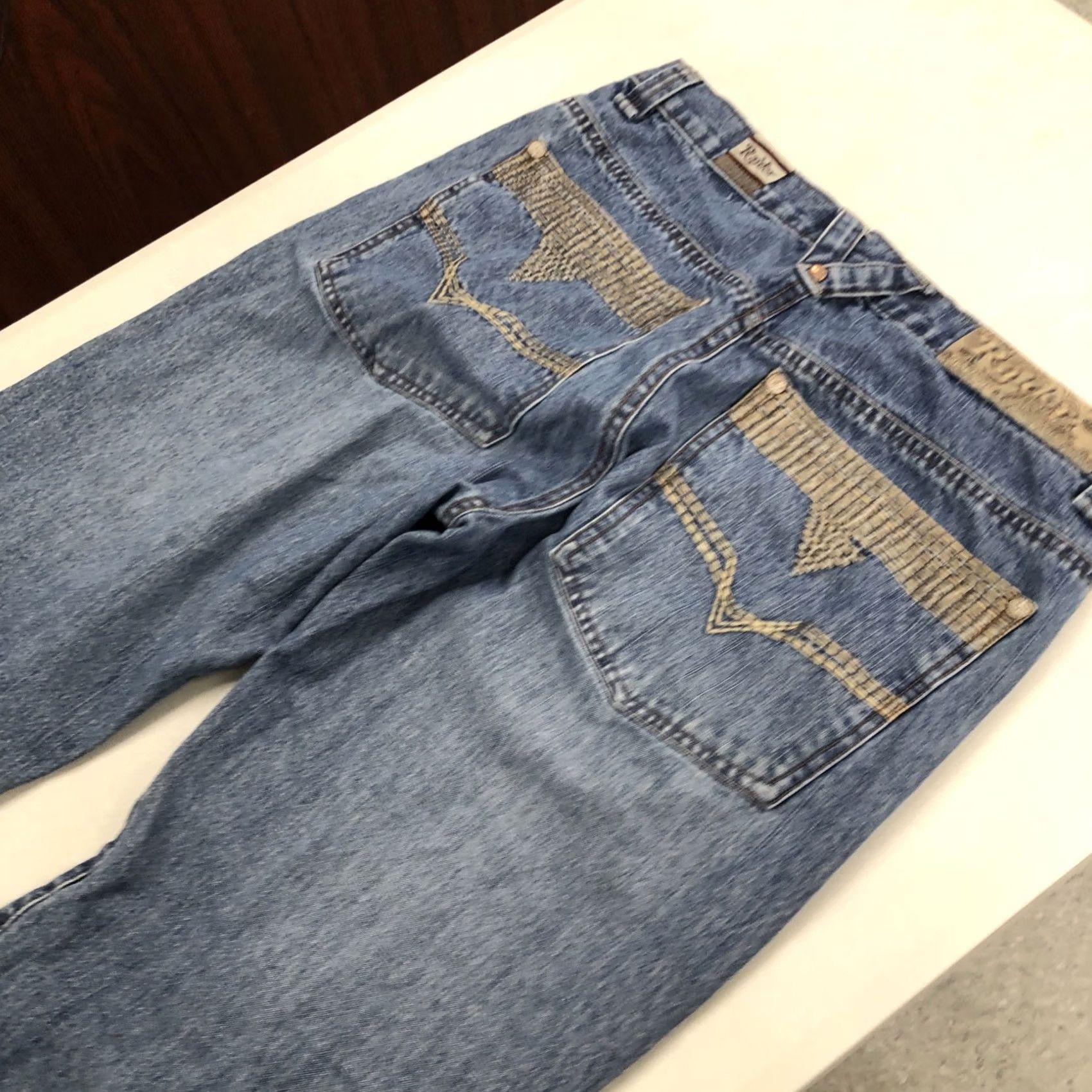 Vintage Raider Jeans Mens 32 x 29.5 Blue Baggy Embroidered Logo 5-Pocket Wide-Leg Distressed Hip Hop Skater Vintage Jeans Mens Regular Size US 32 / EU 48 - 6 Thumbnail