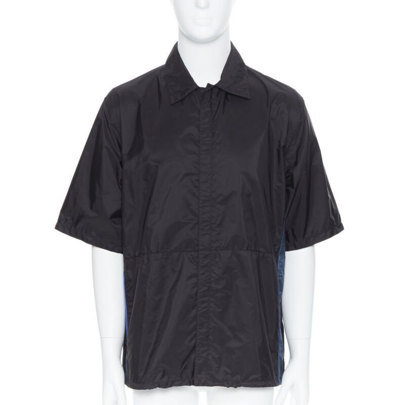 new PRADA Nylon 2018 black blue stripe piping short sleeve boxy shirt L