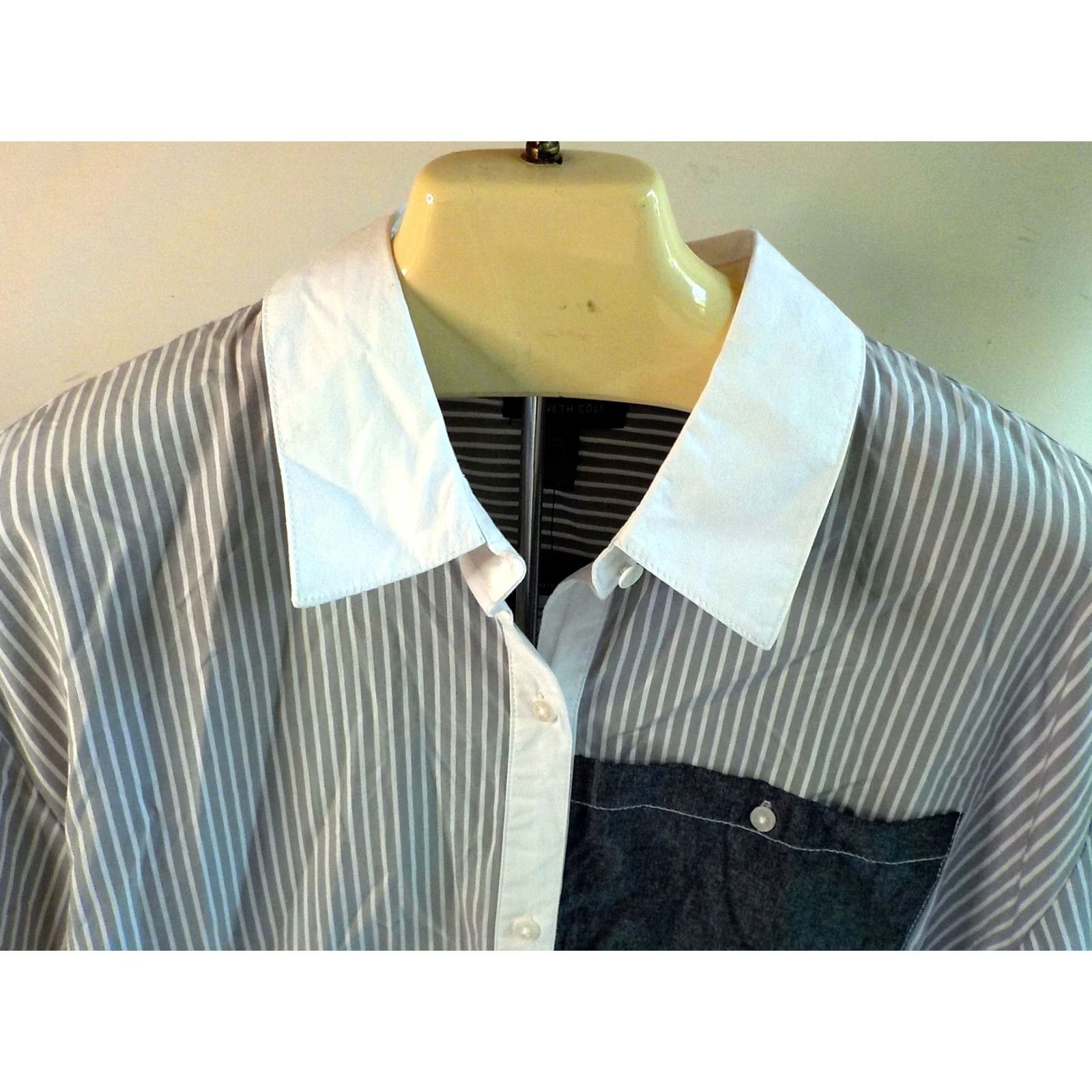 Kenneth Cole KENNETH COLE LS Button Front Multi Striped Shirt Women Blouse Collared 100% Cotton White Gray NWT Size L Size L / US 10 / IT 46 - 3 Thumbnail