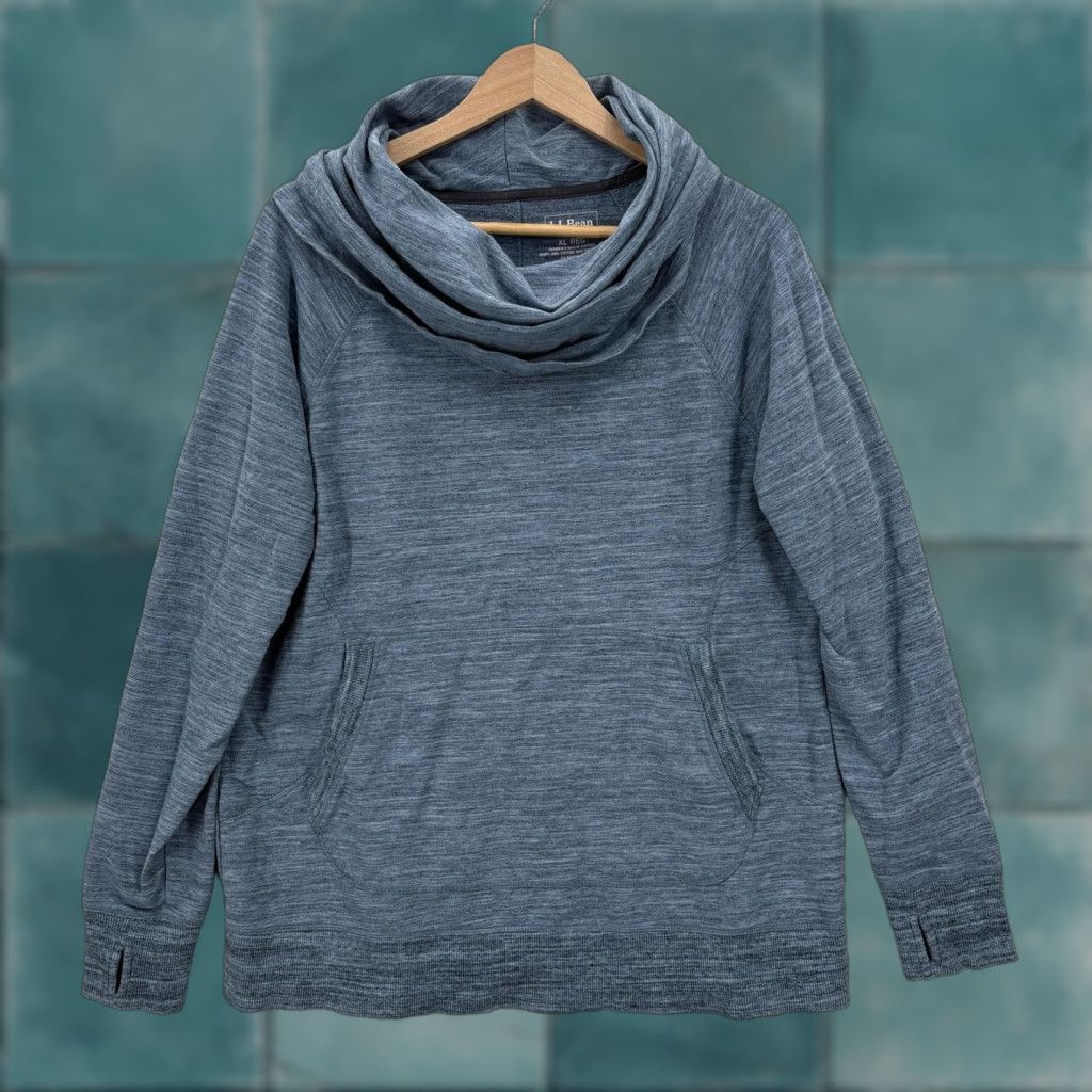 L.L.Bean Cozy Pullover Womens XL Blue Cowl Neck Kangaroo Pocket Stretch Travel
