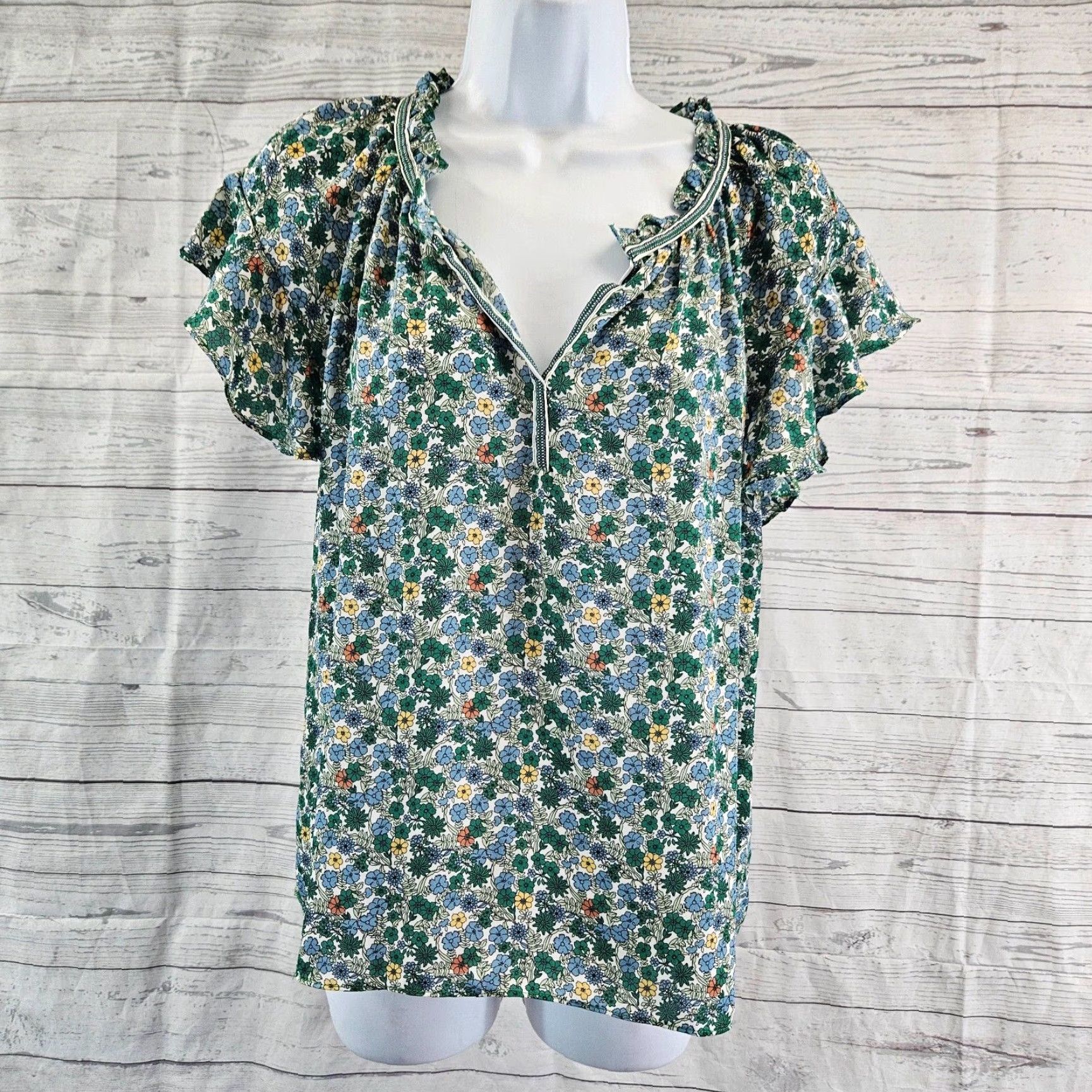 Vintage Max Studio Womens Top XS Blue Green Floral Short Sleeve Shirt Blouse Womens XS Floral Short Sleeve Size XS / US 0-2 / IT 36-38 - 2 Thumbnail