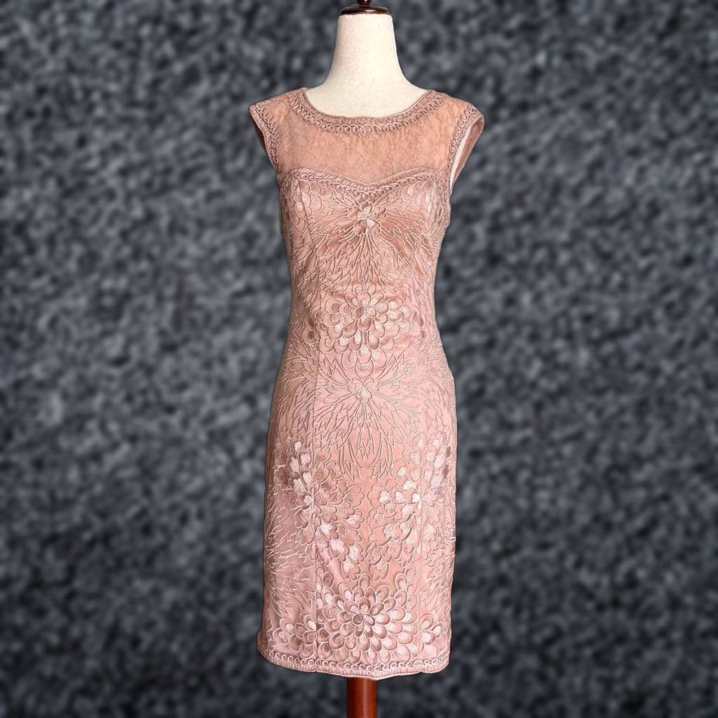 Vintage Sue Wong Sheath Dress Sandalwood Cocktail Party Sz 2 Pink Nylon Lace Knee Length Sandalwood Women Size XS / US 0-2 / IT 36-38 - 1 Thumbnail
