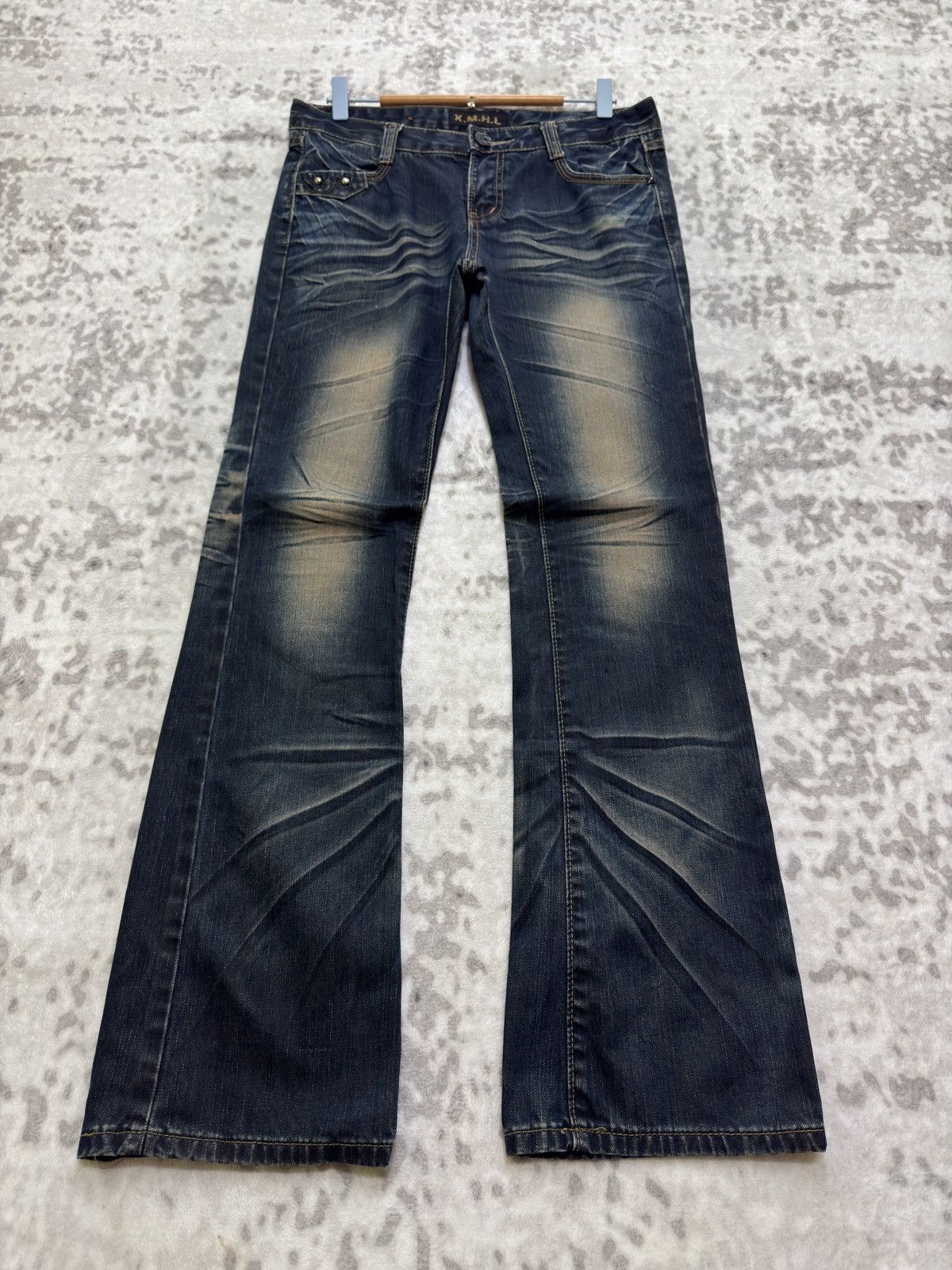 Japanese Brand Vintage X.M.H.L Y2K Mud Wash Studded Low Rise Flare Denim Size US 31 - 1 Thumbnail