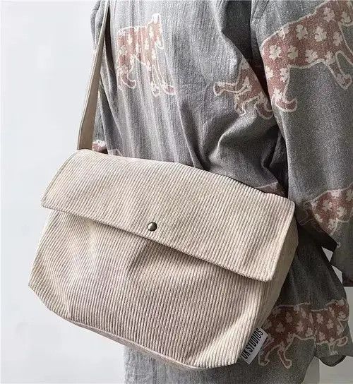 Fashion Corduroy Shoulder Bag Messenger Bag in Beige, Men's