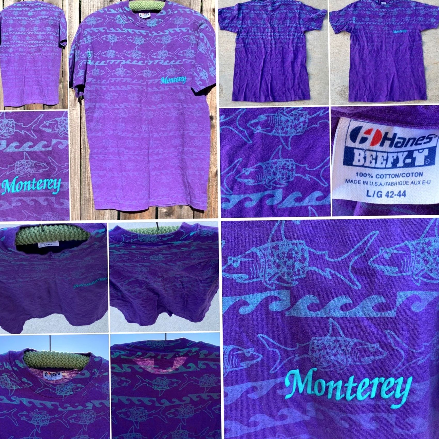 Hanes VINTAGE Monterey All Over Print Shark In Sunglasses & Shirt T-Shirt 80s 90s L Mens Purple Graphic Tee Hanes 100% Cotton Short Sleeve Sportswear/Beach Size US L / EU 52-54 / 3 - 4 Thumbnail