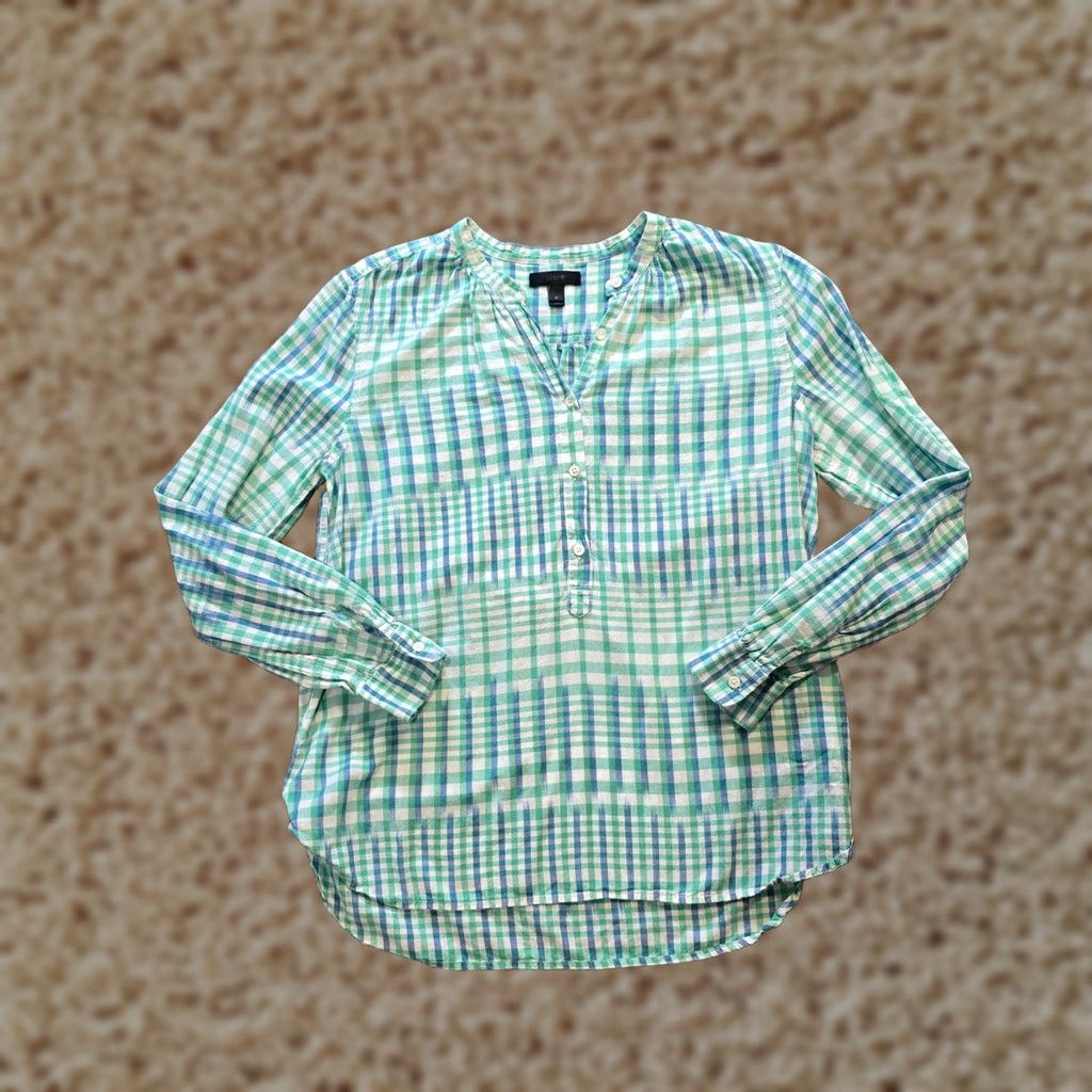J.Crew J.CREW Top Womens Size 6 Blue Green Striped Plaid Popover Long Sleeve Blouse Shirt Casual Mens? Womens Size M / US 6-8 / IT 42-44 - 1 Thumbnail