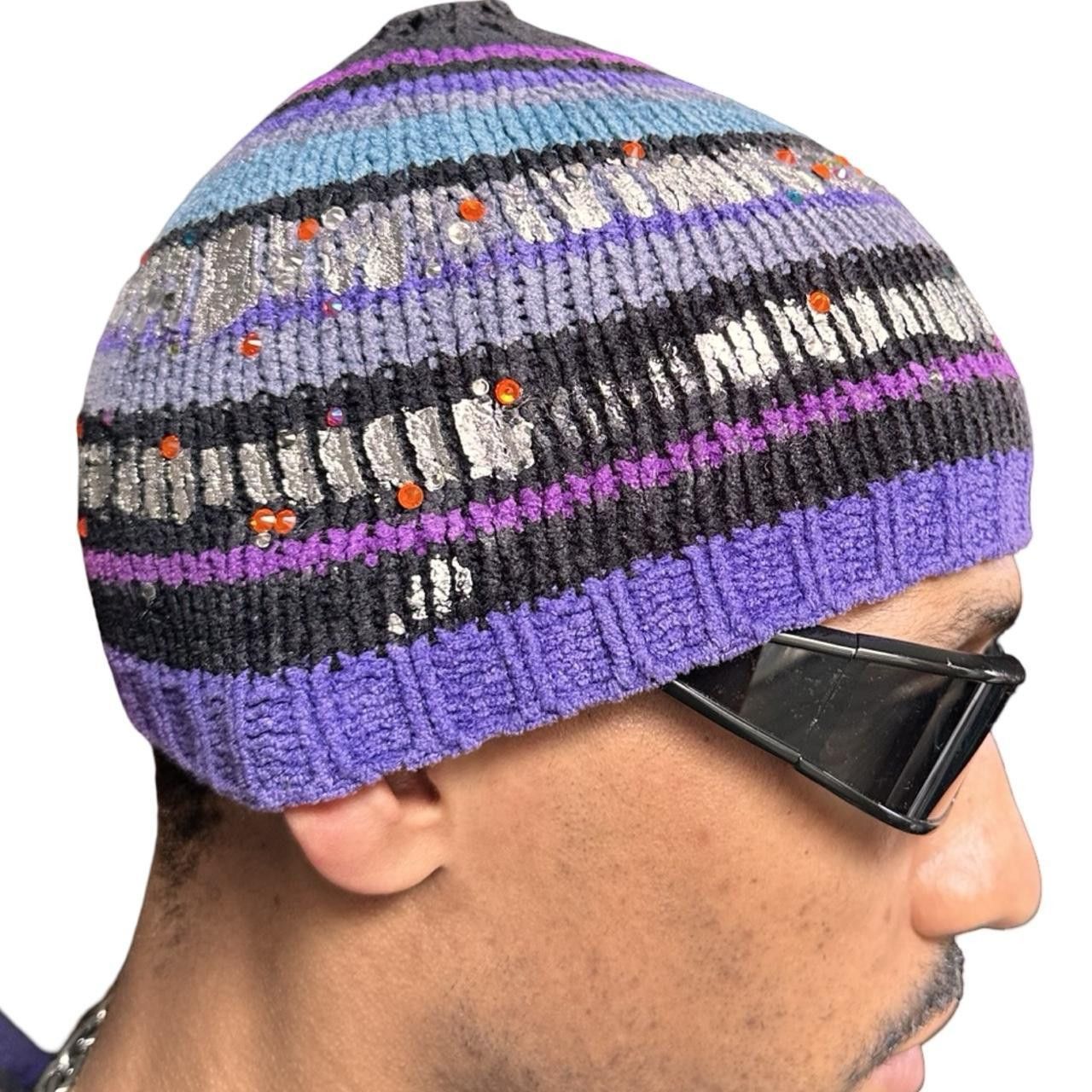 Other ASTROBOI* Black/Purple Striped Rhinestone Winter Beanie Size ONE SIZE - 7 Thumbnail