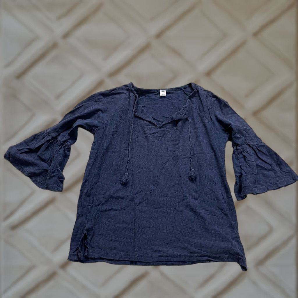 Old Navy Old Navy Blouse Womens M Blue 100% Cotton Bell Sleeve Tasseled Casual Top Size M / US 6-8 / IT 42-44 - 1 Thumbnail