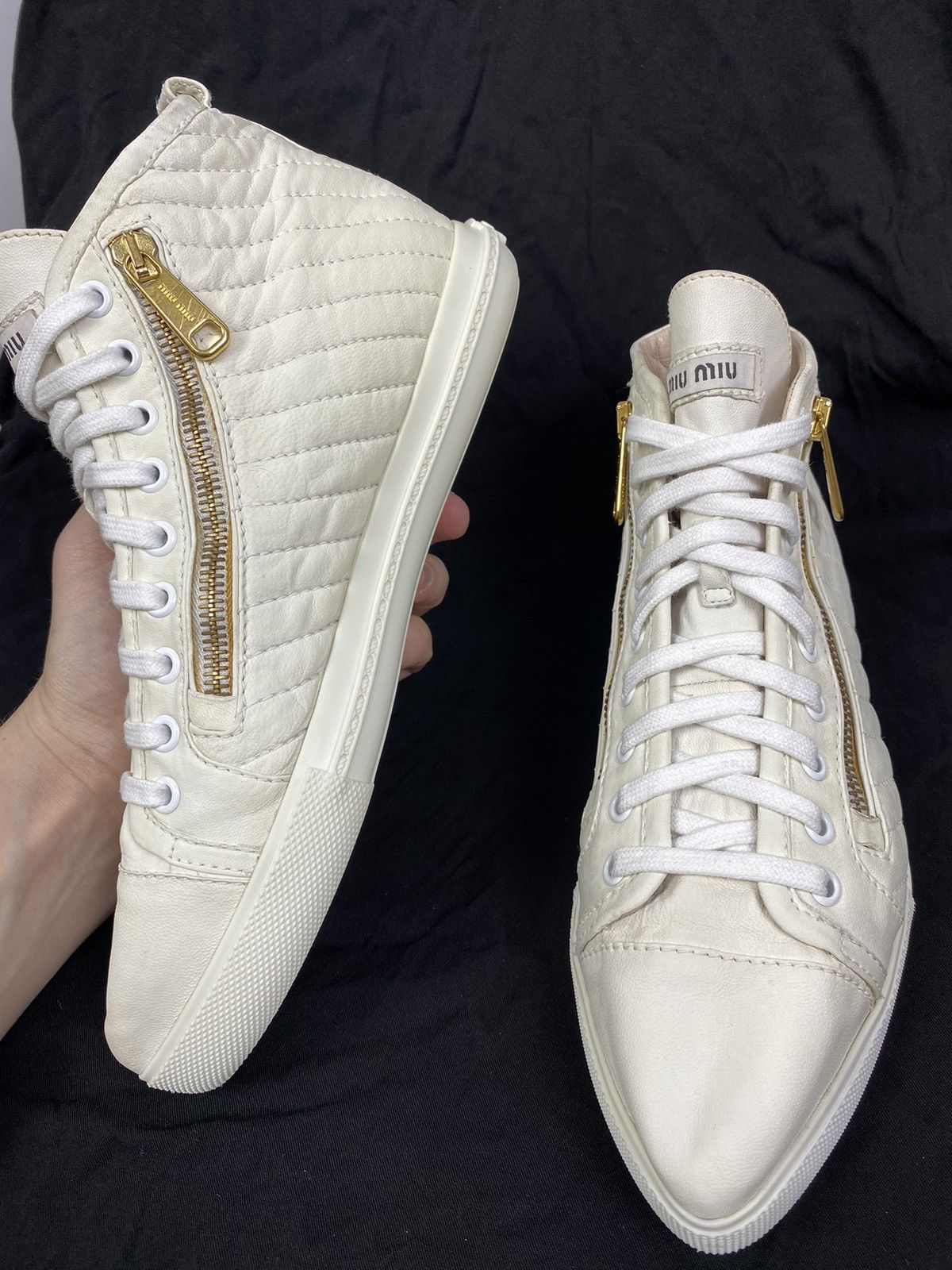 Miu Miu Miu Miu Pointed Toe White Leather Lace up High top Sneakers Size US 7 / IT 37 - 6 Thumbnail