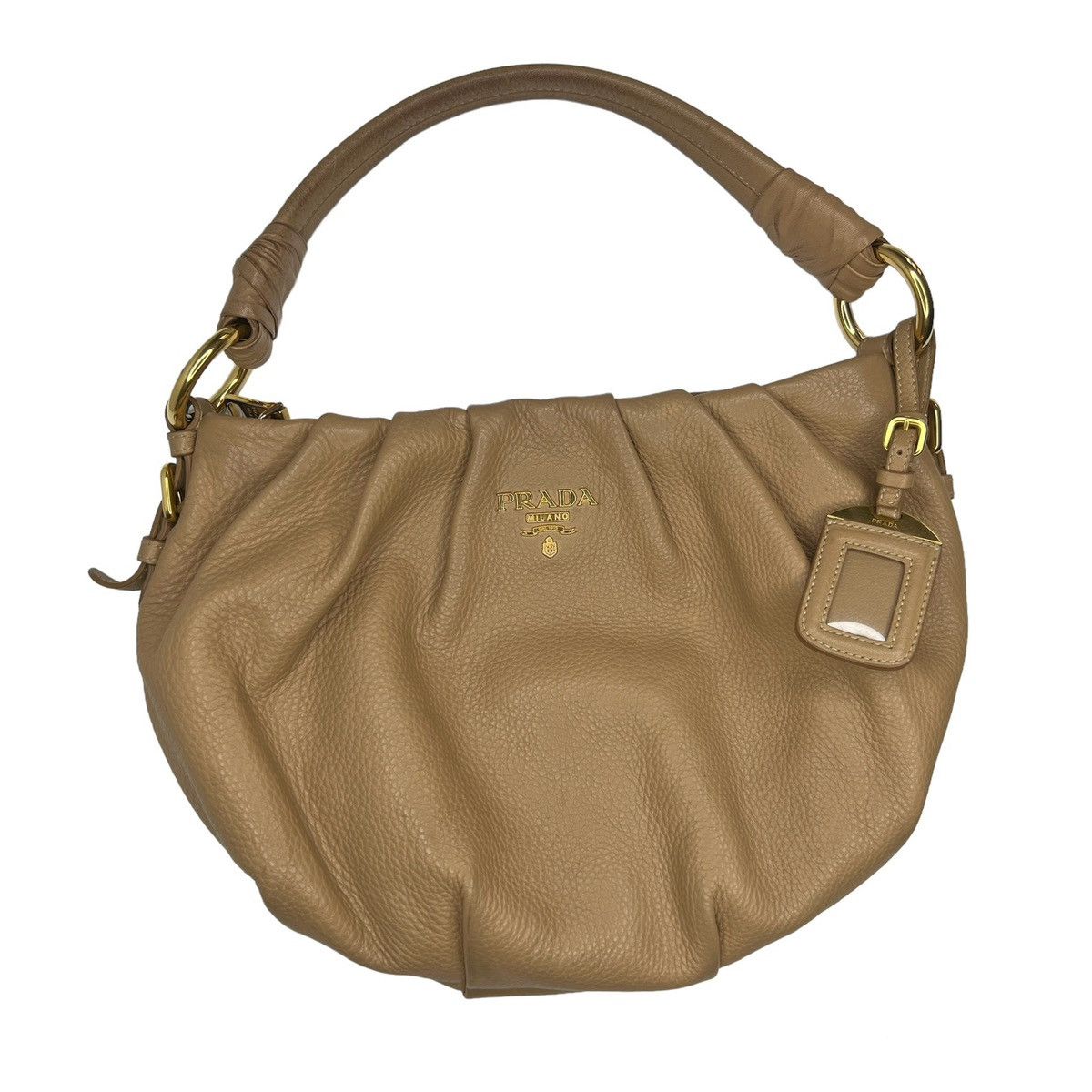 image of Avant Garde Prada Milano Logo Leather Calfskin Shoulder Handle Bag in Beige, Women's