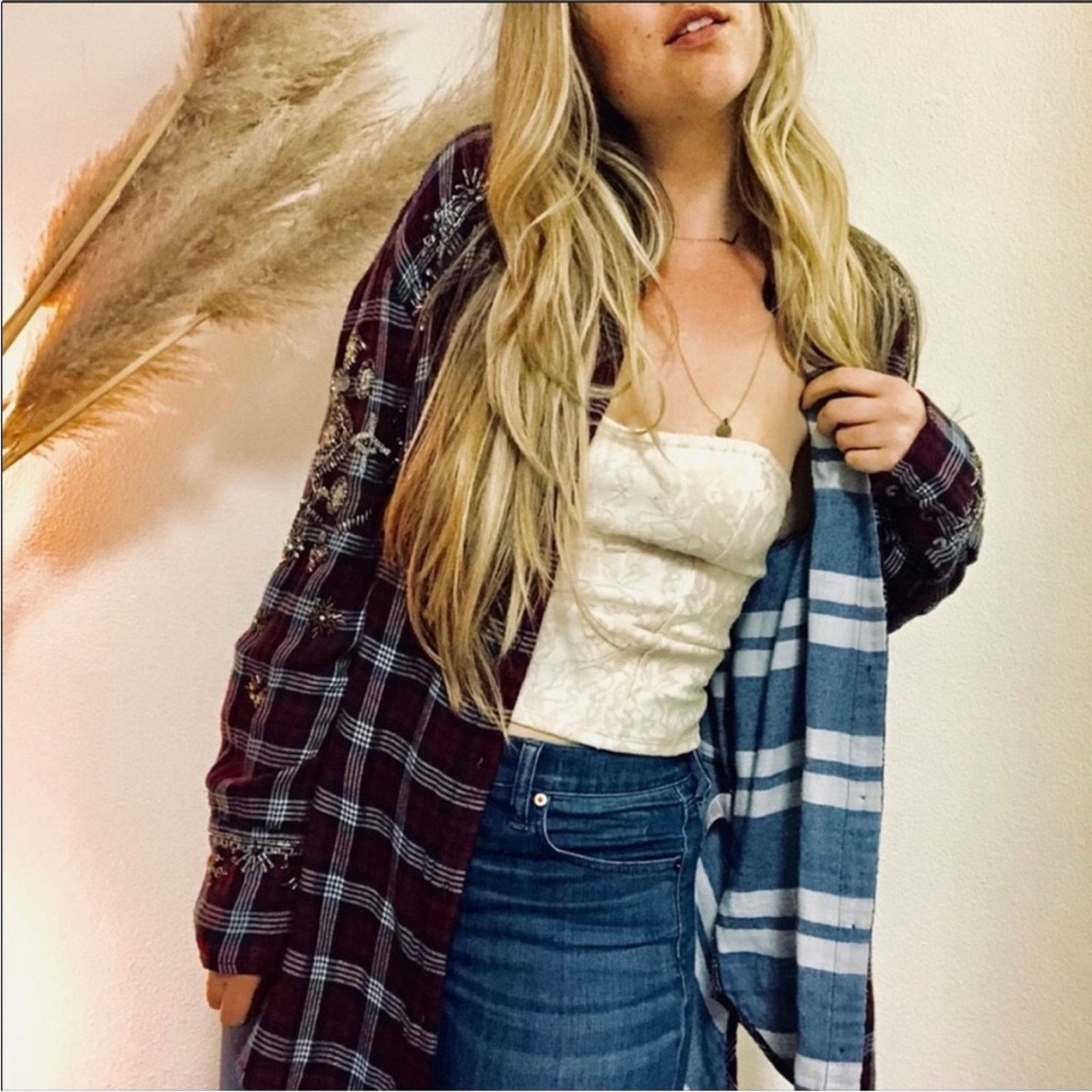 Free People FREE PEOPLE Sequin Bead Oversized Red Flannel Plaid Shirt Size XS / US 0-2 / IT 36-38 - 5 Thumbnail