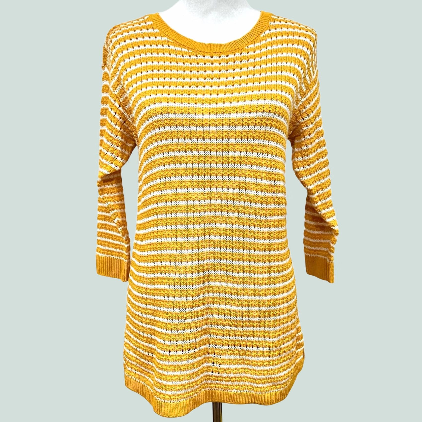 Talbots Talbots Sweater Striped Pullover Yellow White Petite M Womens Pullover Knit Cotton Lyocell 28.5" Length 18" Chest 16" Sleeve 16" Nicely Sheer? N/A Size M / US 6-8 / IT 42-44 - 1 Thumbnail