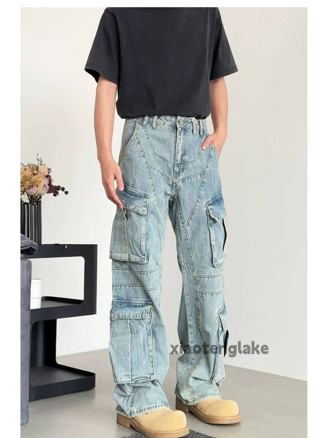 Jean Unisex washed faded loose baggy hiphop cargo jeans Size US 32 / EU 48 - 4 Thumbnail