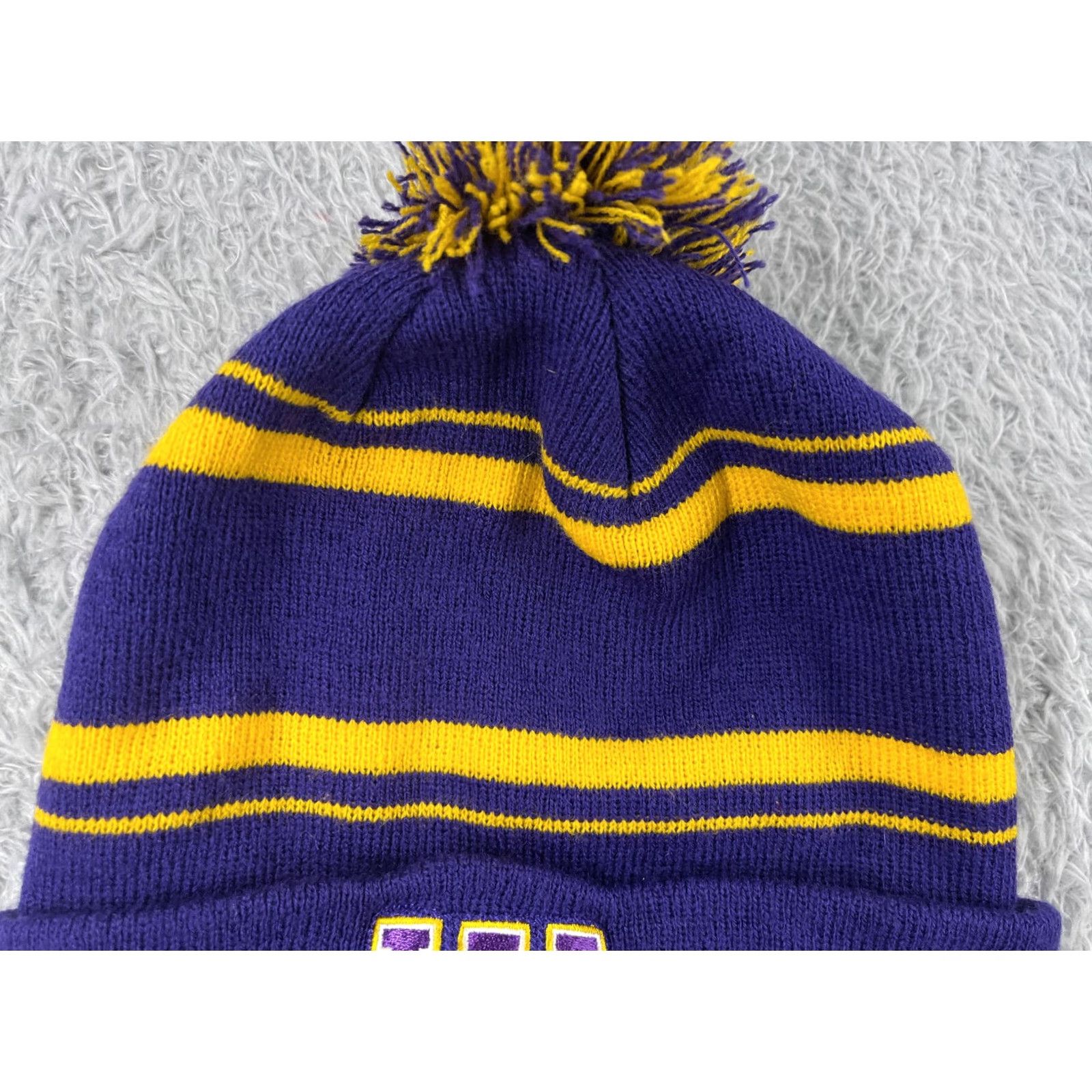 Holloway Holloway Beanie Toque Unisex Adults One Size Purple Yellow Stripe Knit Acrylic Pom Hat Size ONE SIZE - 3 Thumbnail