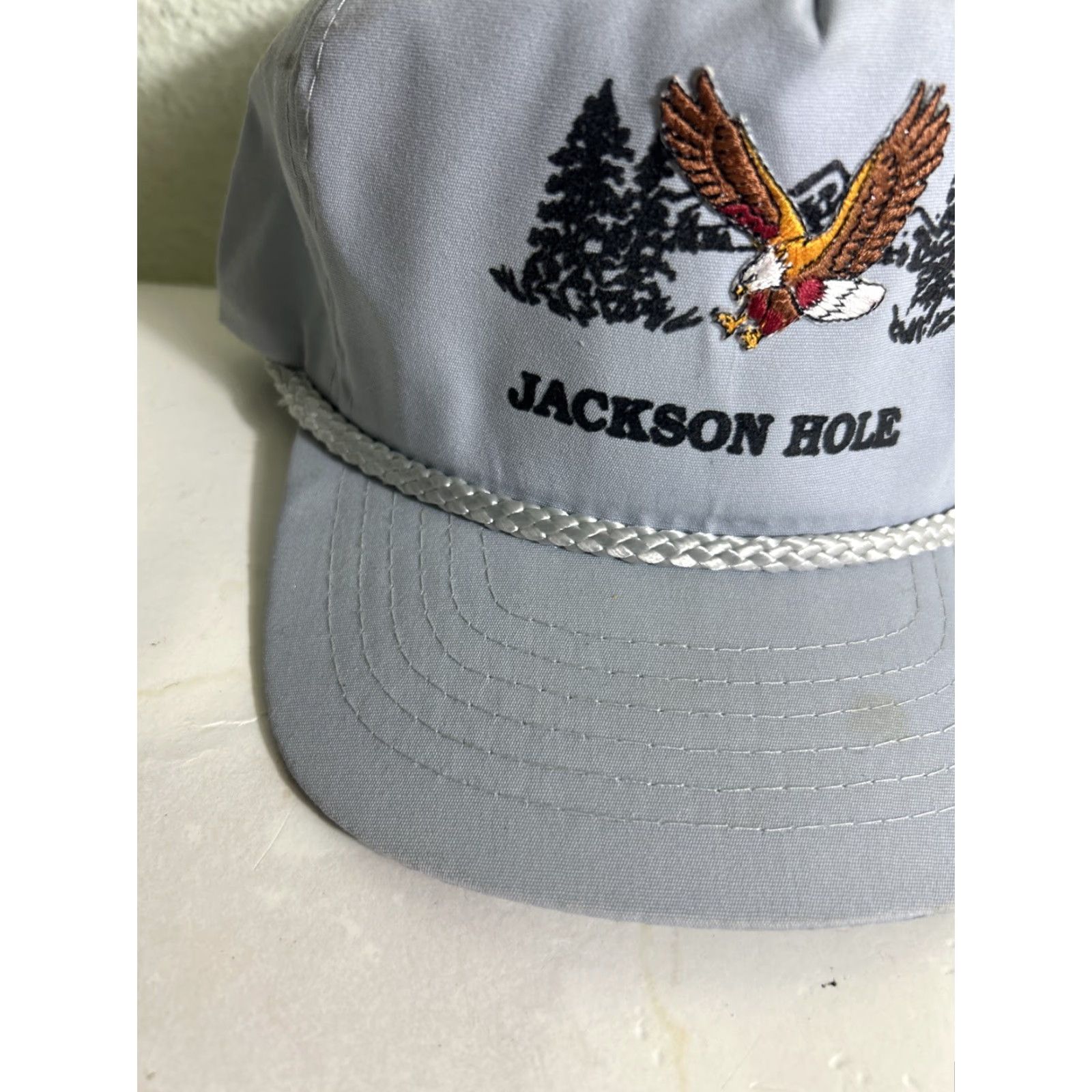 Vintage Jackson Hole Wyoming Strap Back Trucker Hat Gray Eagle Woods Mountains Adjust Size ONE SIZE - 3 Thumbnail