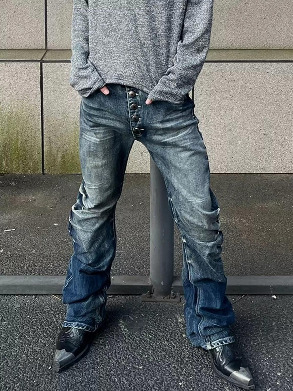 Jean Button-Fly Crinkle Curved Banana Denim Jeans Washed Stacked Size US 32 / EU 48 - 2 Thumbnail