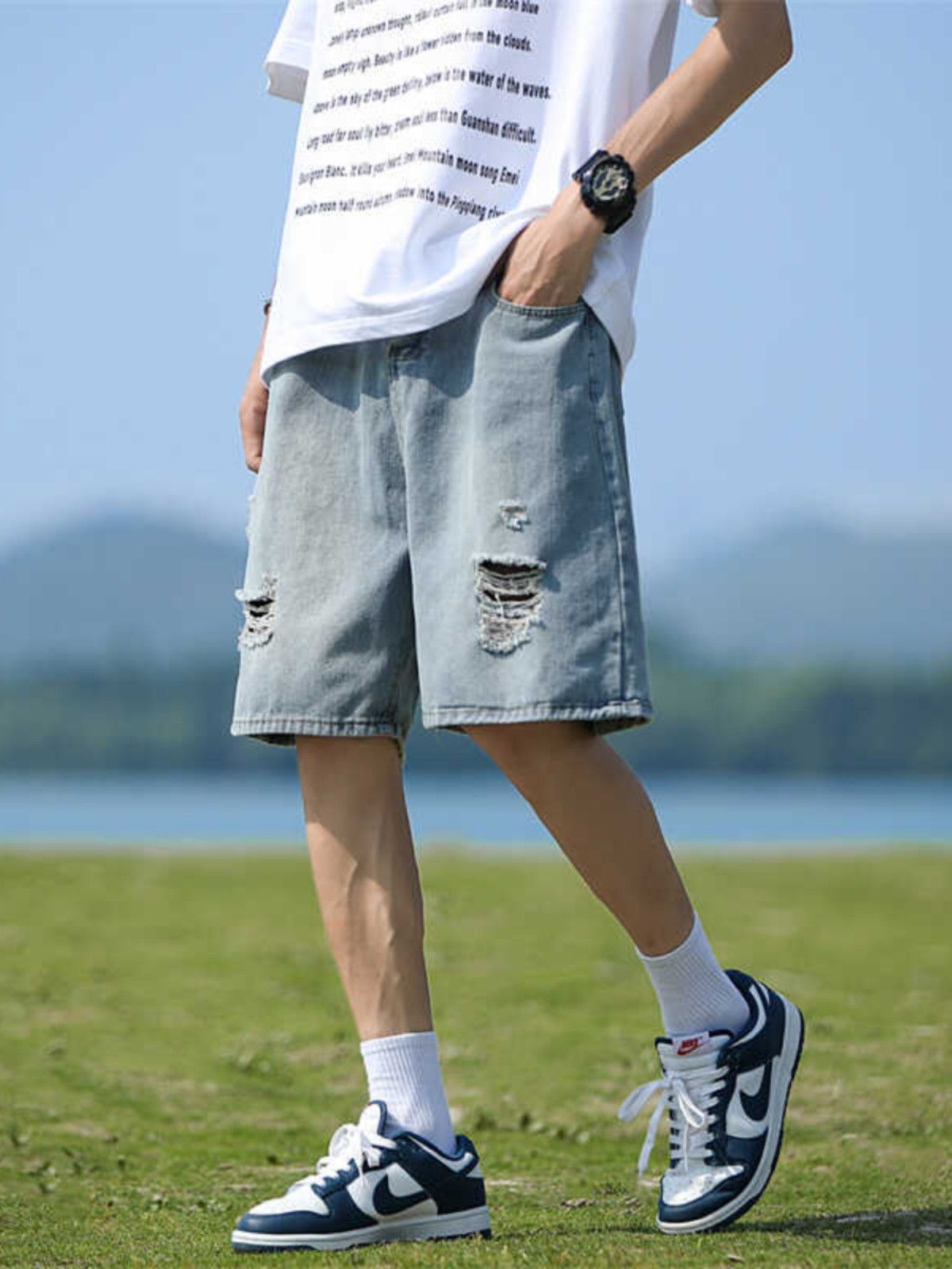 Japanese Brand × Jean Retro loose and distressed denim shorts Size US 32 / EU 48 - 4 Thumbnail
