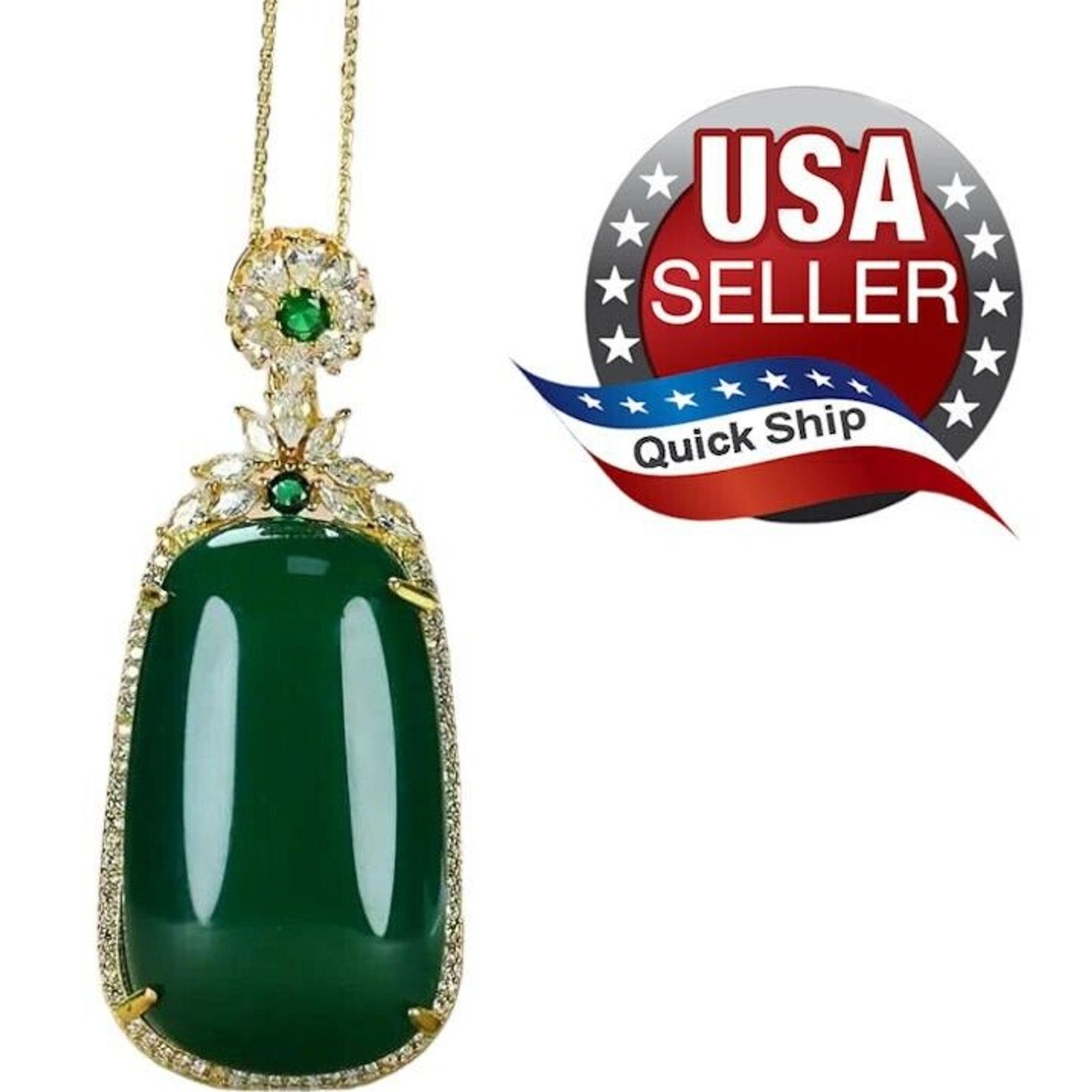 Other Green Faux Jade Pendant Marquis Round Rhinestones •24" Chain Size ONE SIZE - 1 Thumbnail