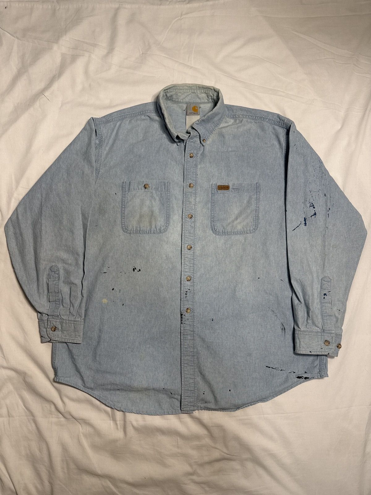 Carhartt Vintage 90s Carhartt Blue Light Wash Painted Button Shirt Size US XL / EU 56 / 4 - 1 Thumbnail